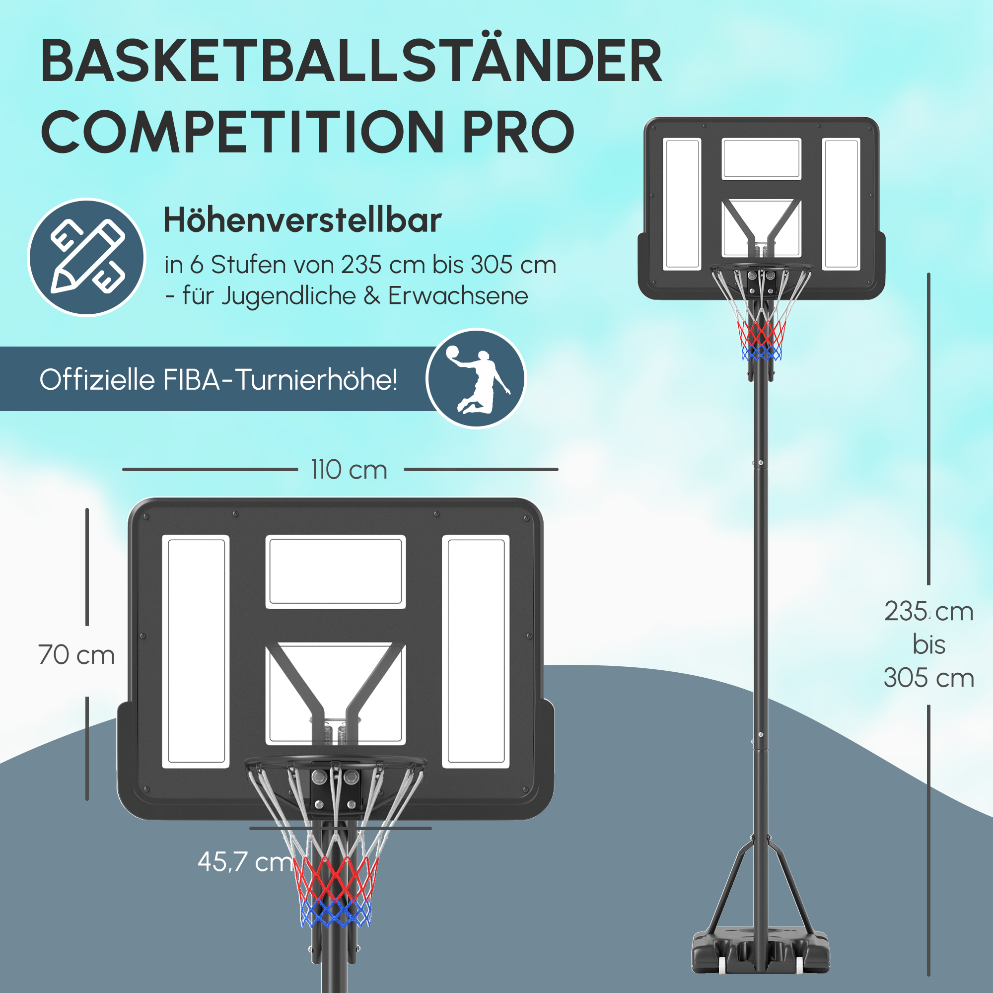 Basketballständer, höhenverstellbare Korbhöhe 235-305 cm, befüllbare Basis mit Rädern, Schwarz