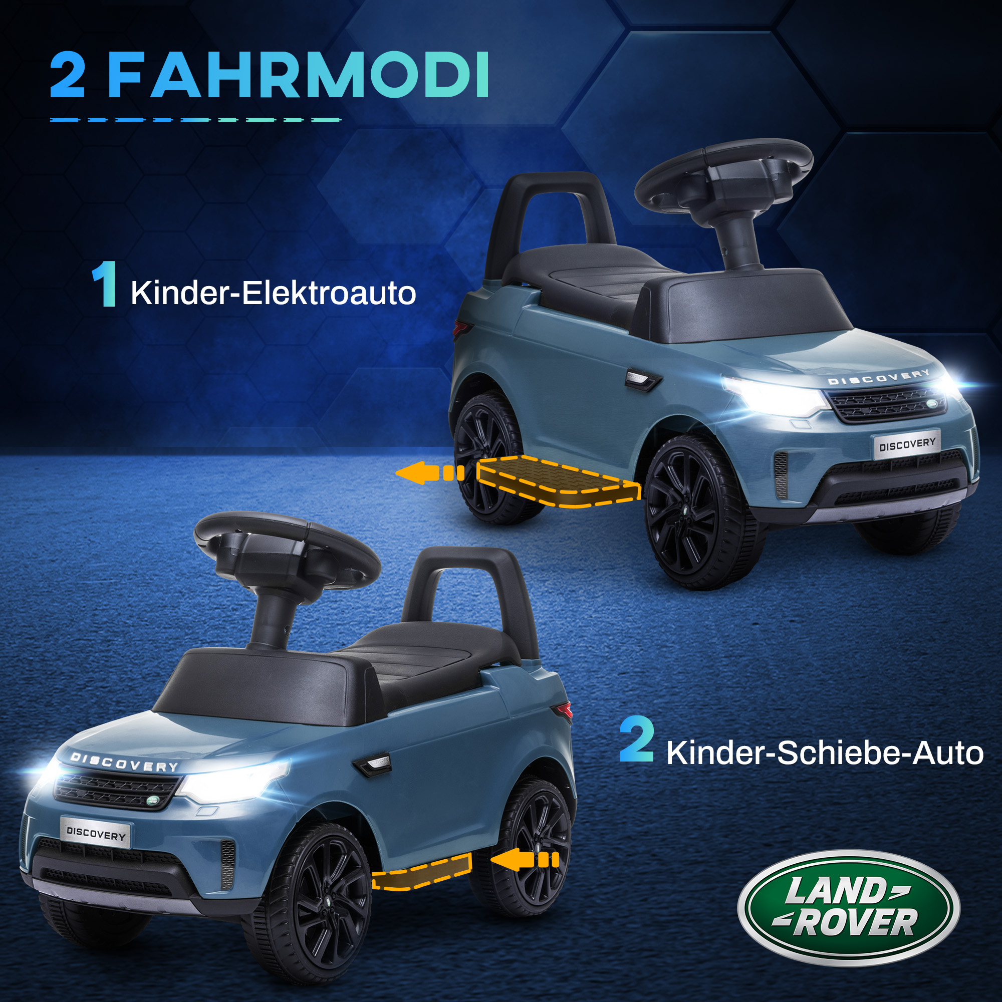 Elektro-Kinderauto 6V, Land Rover, Fahr-/Schiebemodus, Scheinwerfer, Musik, Hellblau