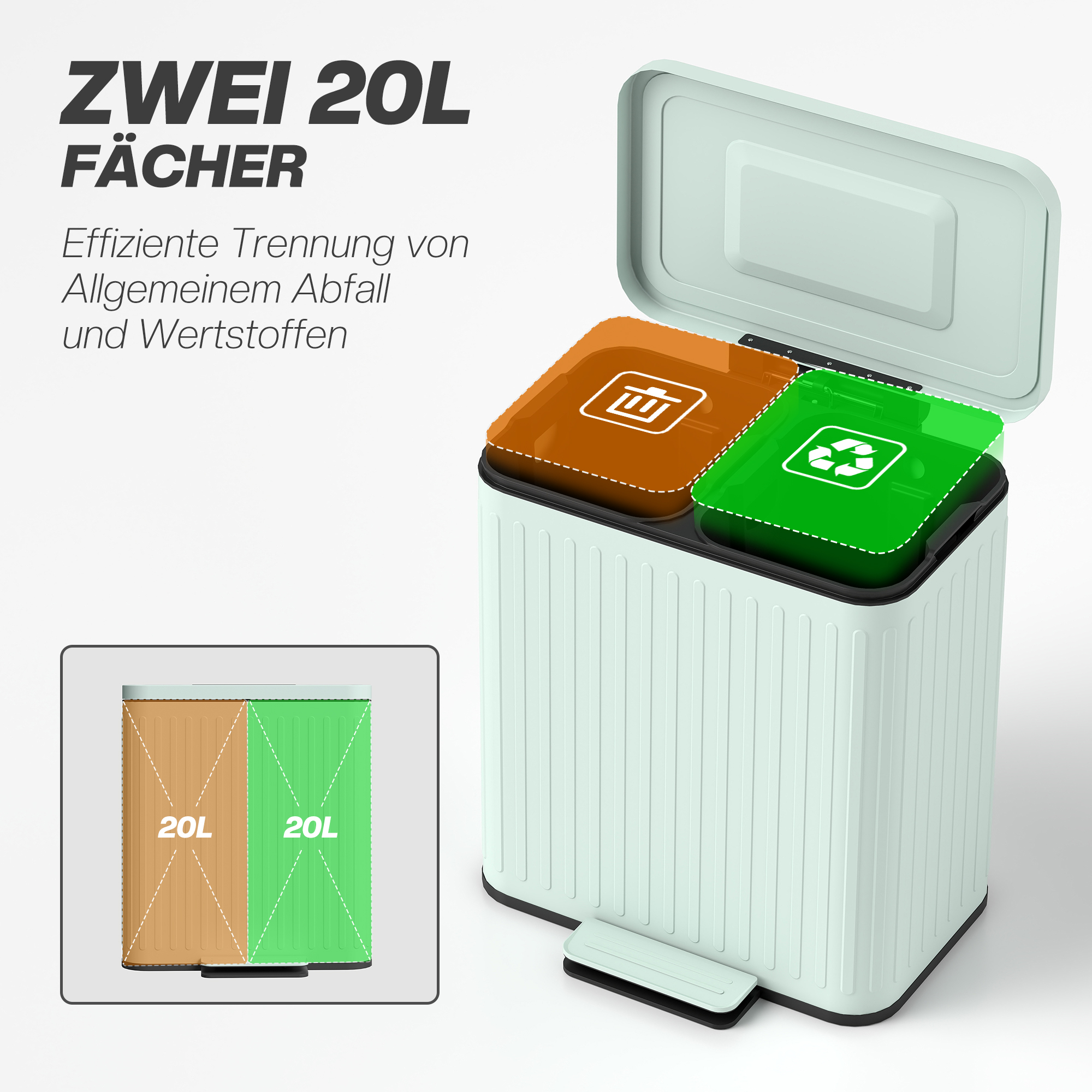 Küchenmülleimer, 2x 20l-Fächer, effiziente Mülltrennung, Fußpedal, Kunststoff, Metall, Grün