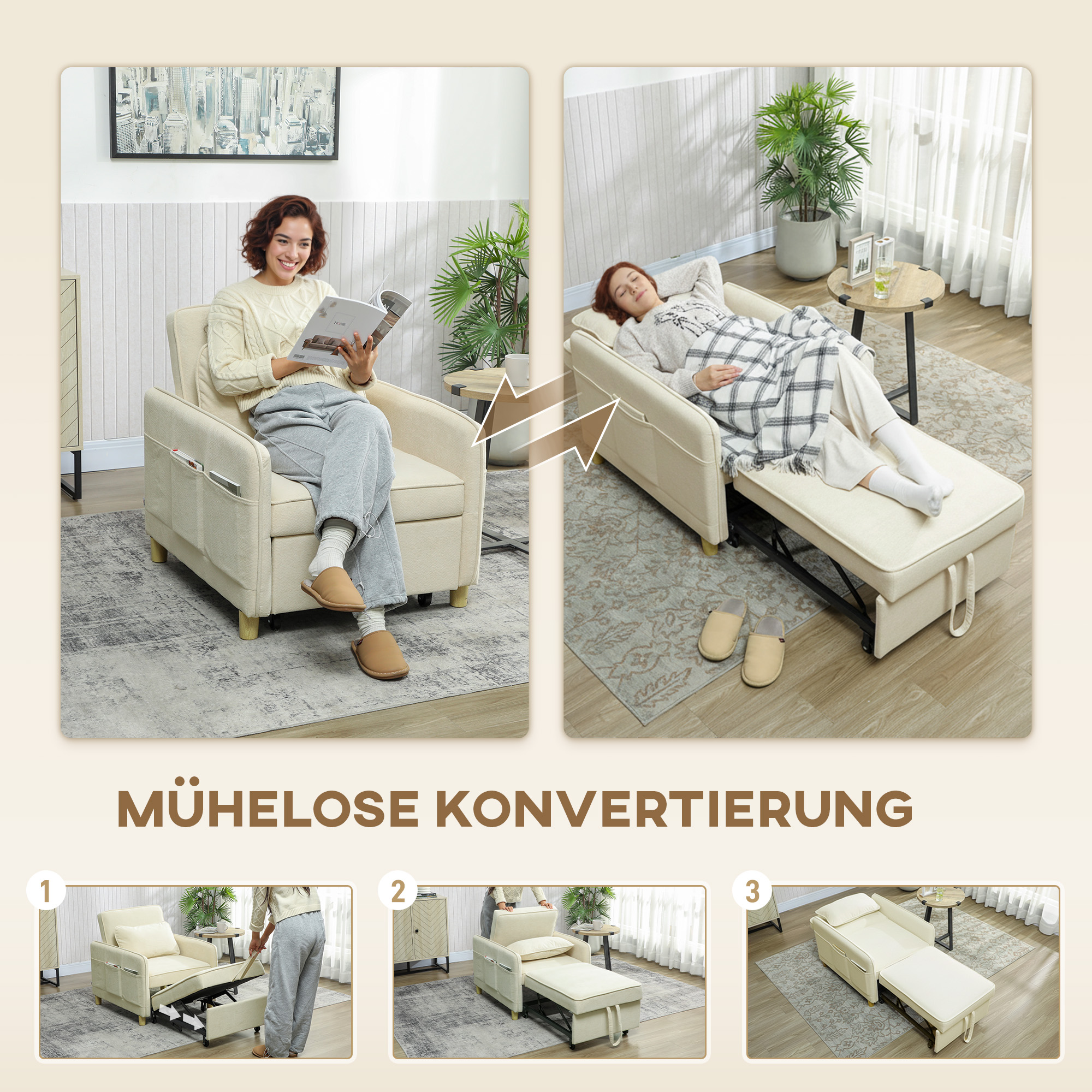 Schlafsessel 3 in 1 Umwandelbarer Sessel mit Bettfunktion, Breiter Sitzfläche für Wohnzimmer, Beige