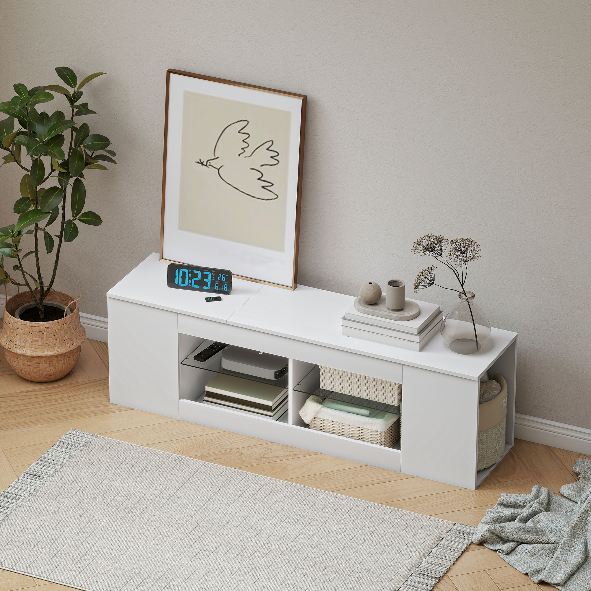 140 cm TV-Ständer, Fernseh-Kommode, 6 Fächer, 2 Glasregale, Spanplatte, Weiß