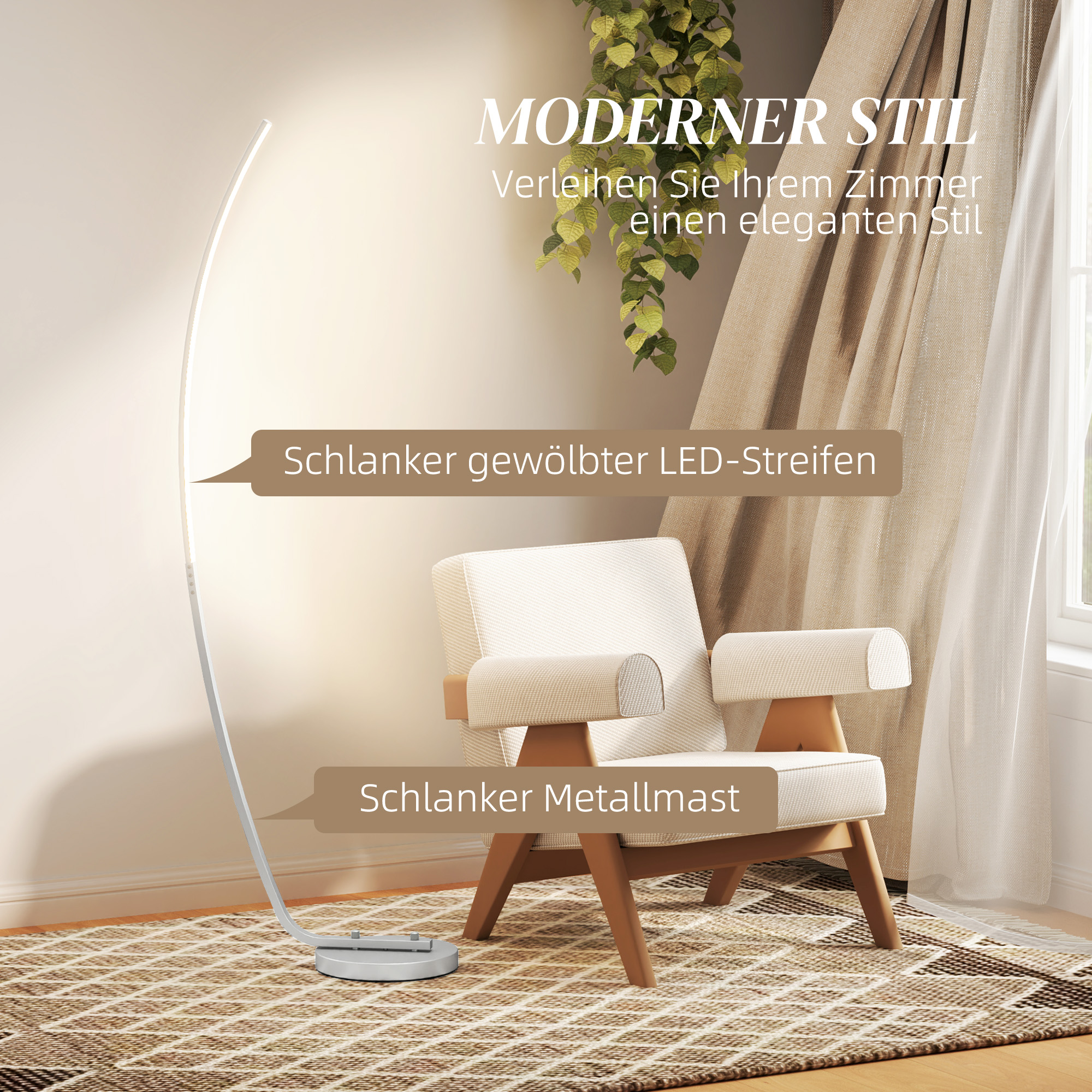 LED-Flurlampe mit anpassbarer Helligkeit, Moderne Stehlampe mit Fußschalter für Schlafzimmer, Wohnzimmer, Silber