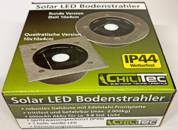 Solar LED Bodenstrahler "CTB-E", eckig, 105x105x40mm, IP44, Edelstahl-Front