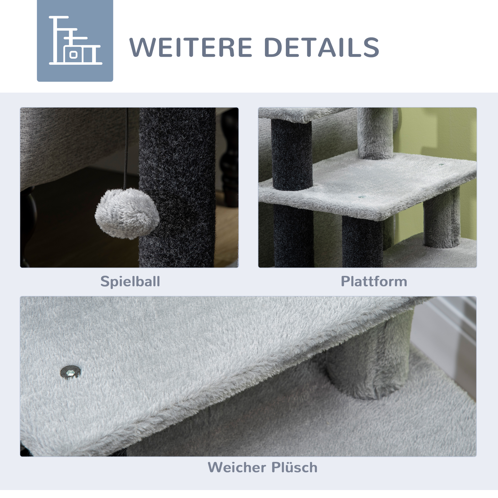 Kratzbaum, Tiertreppe, 4 Stufen, Spielball, Häuschen, höhenverstellbar, schwarz+grau, 60 x 40 x 66 cm