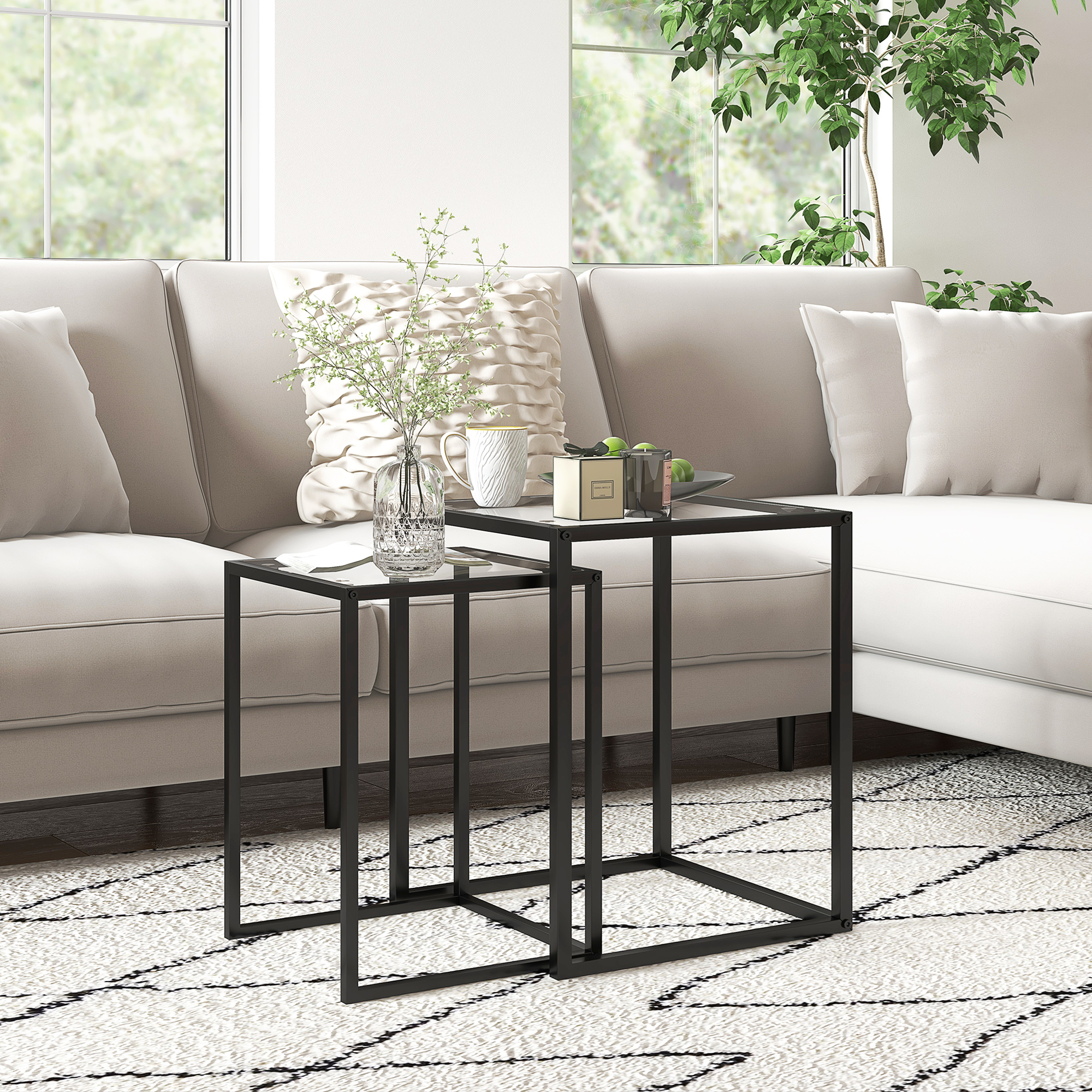 2er Set Beistelltisch stapelbarer Nachttisch Couchtisch mit Beinen aus Stahl, modern für Wohnzimmer Schwarz