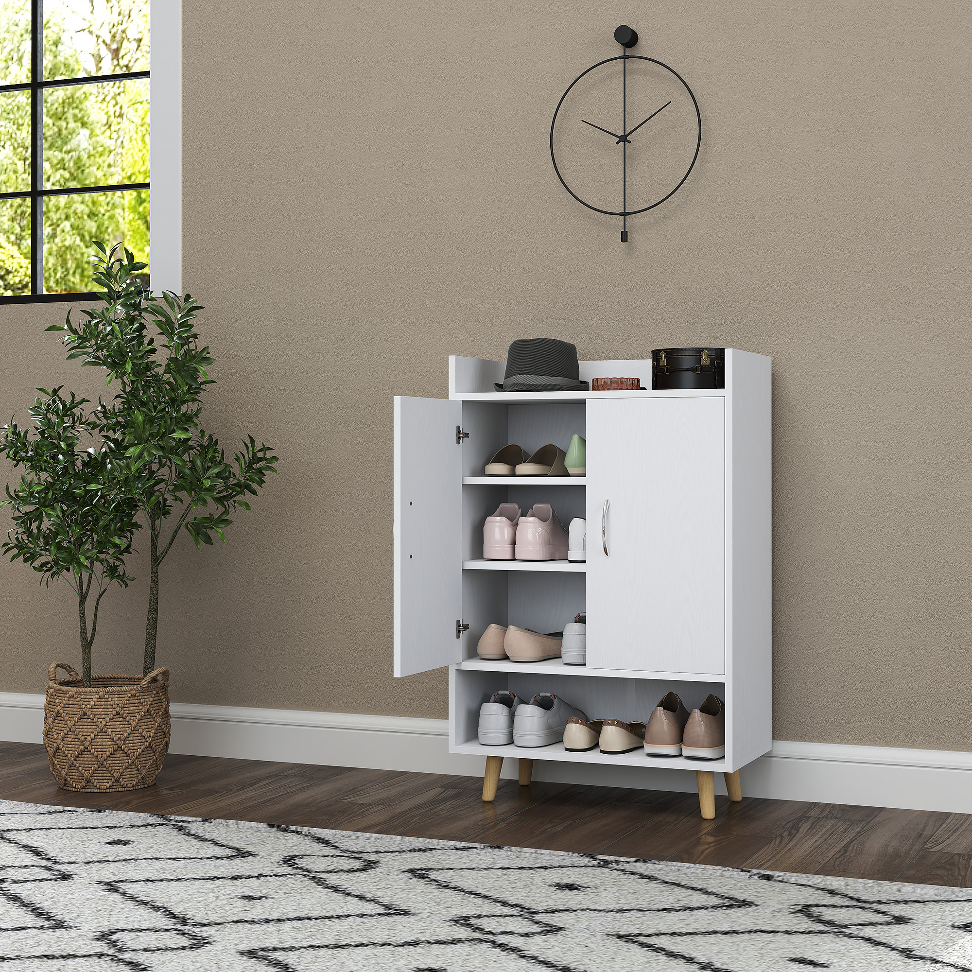 Schuhschrank, Schuhregal mit Türen und Regalen, für Flur, moderne Schuhkommode, Schuhablagen, 60 x 30 x 92 cm, Weiß