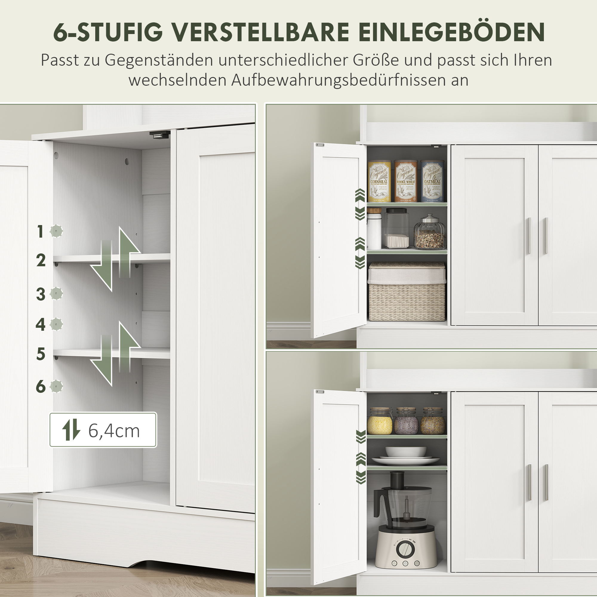 Küchenschrank, Skandinavisches Design, 4 Schränke, verstellbare Regale, Glastüren, offene Fläche, Spanplatte, MDF, Weiß