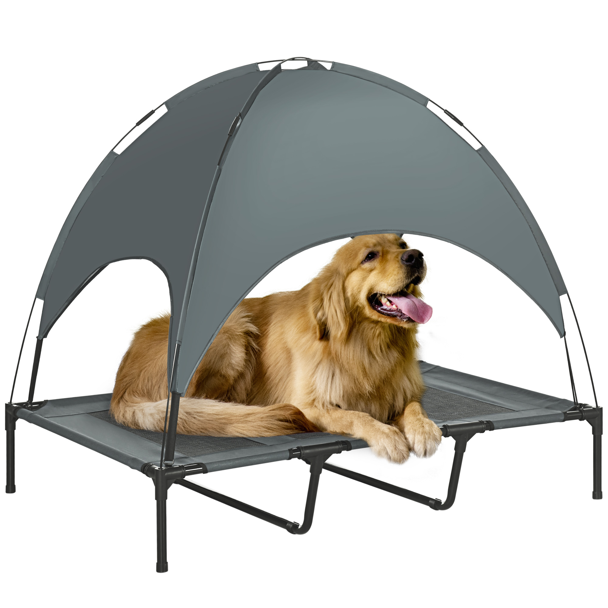 Erhöhtes Hundebett mit Baldachin, Haustierbett, Hundeliege outdoor mit Dach, Atmungsaktiv, Taftstoff für Camping Grau 122 x 92 x 108 cm