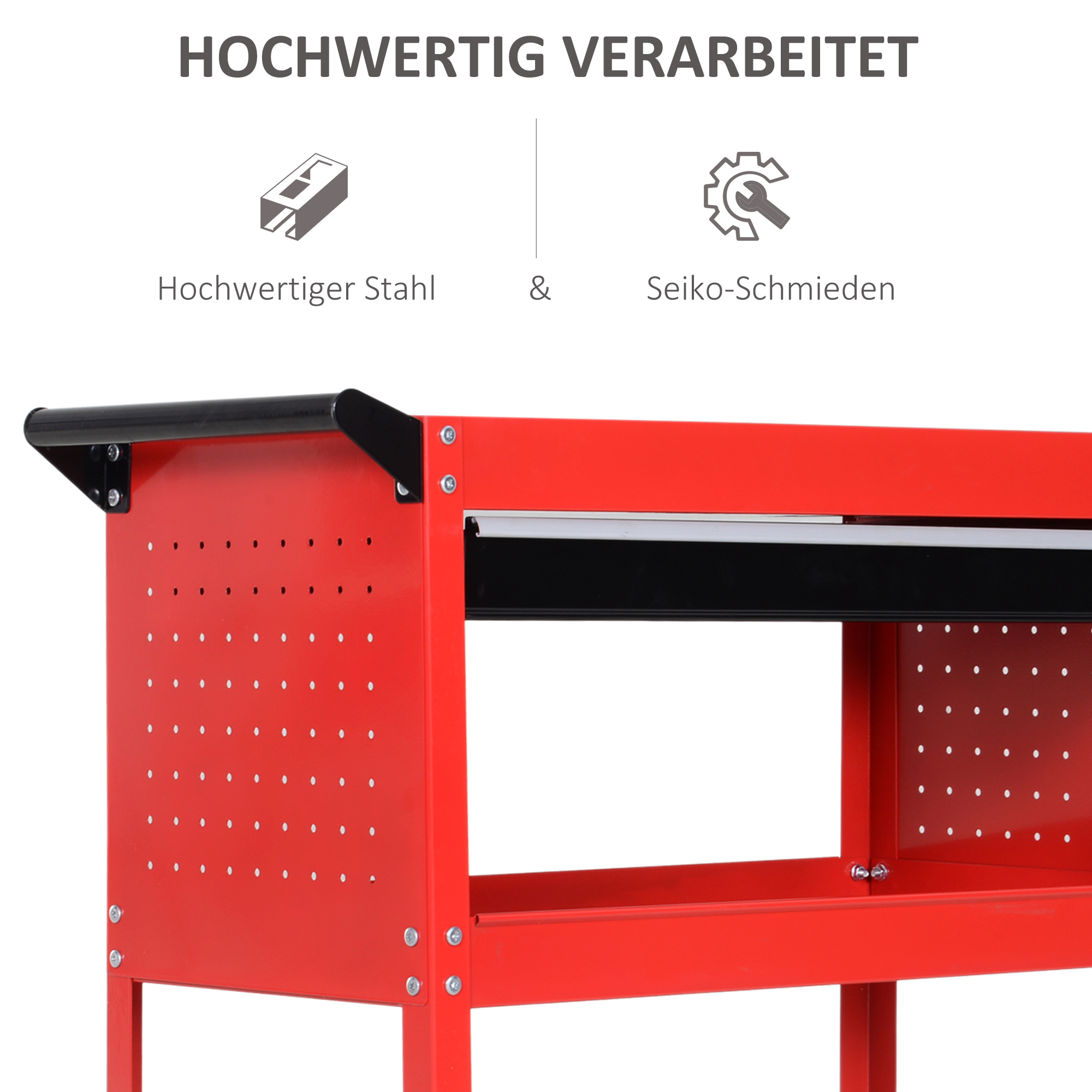 Werkzeugkoffer Werkzeugtrolley Werkzeugbox, 3 Ebenen, 4 Rollen, 82 cm x 35 cm x 76 cm, Rot