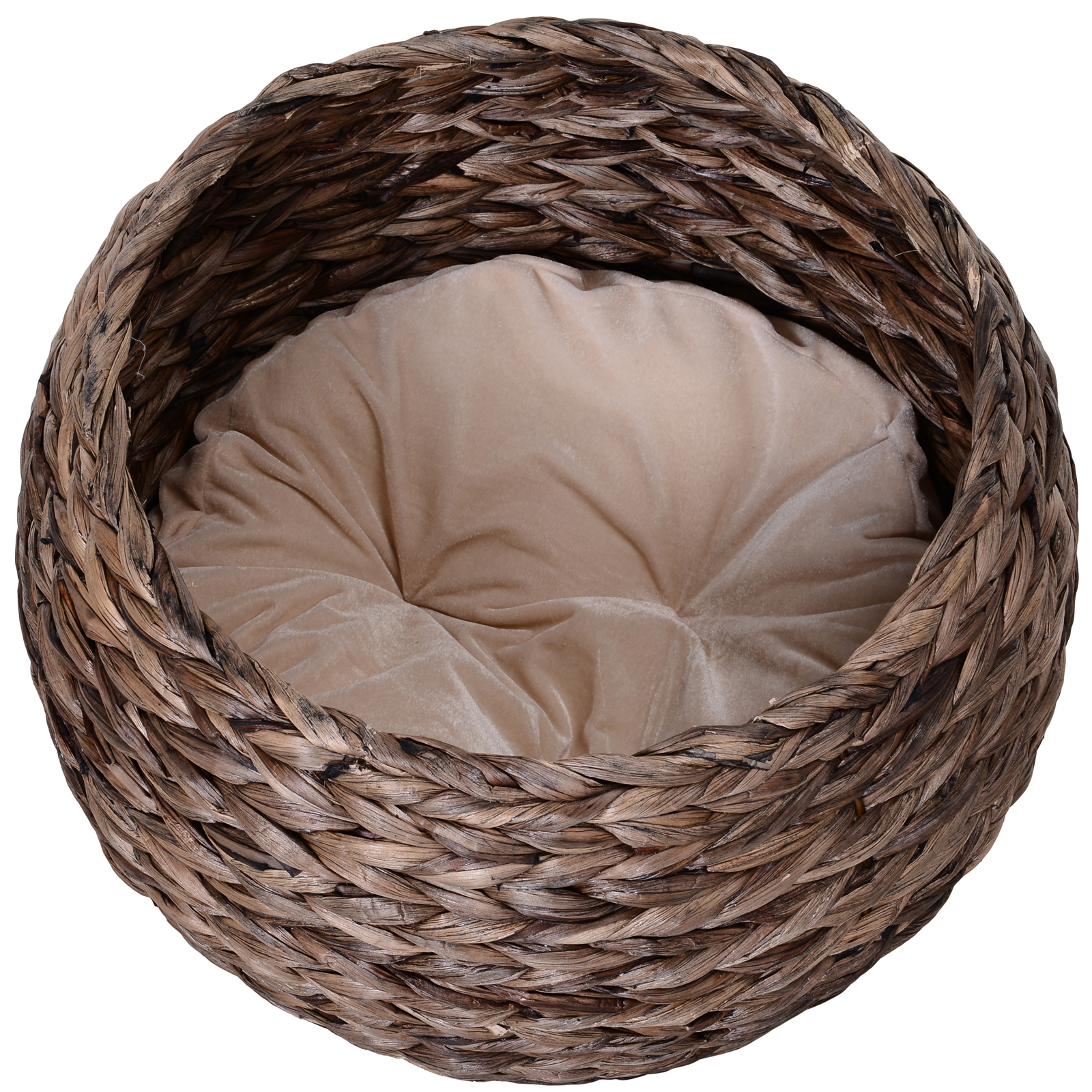 Katzenkorb aus Wasserhyazinthe inkl, Kissen, Katzenbett, Haustierbett,50 cm x 42 cm x 60 cm, Braun + Beige