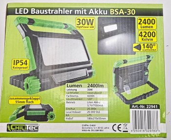 LED Baustrahler mit Akku "BSA-30" / 30W, 2400lm, 4500K / neutralweiß
