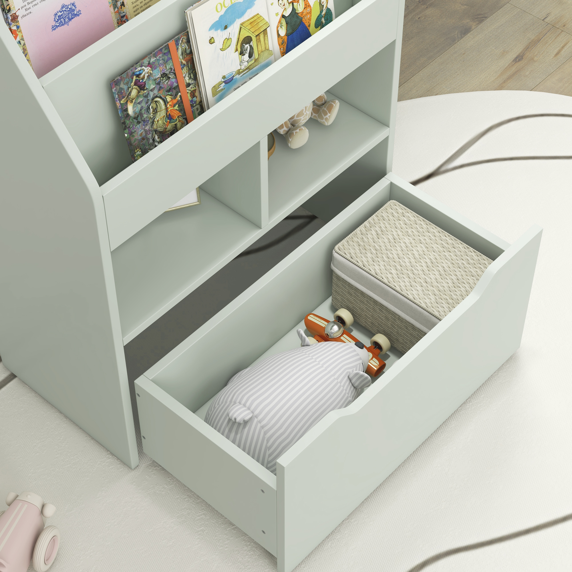 Kinderregal mit Schublade, Bücherregal mit Fächern, 60 x 29,9 x 90 cm, Grün