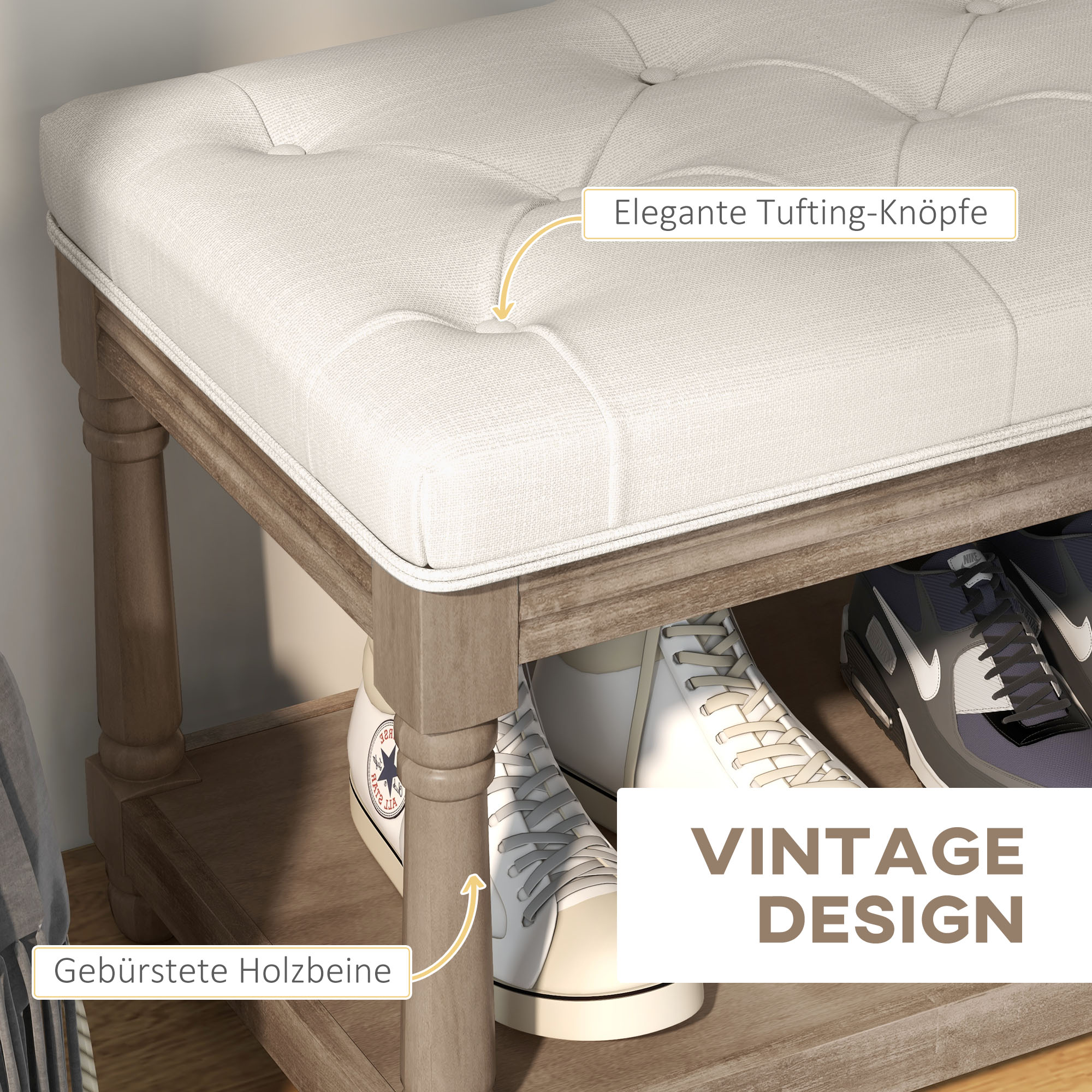 Sitzbank mit Stauraum, Vintage-Design, Knopfheftung, Kautschukbaumholz, 115x40x48cm, Cremeweiß