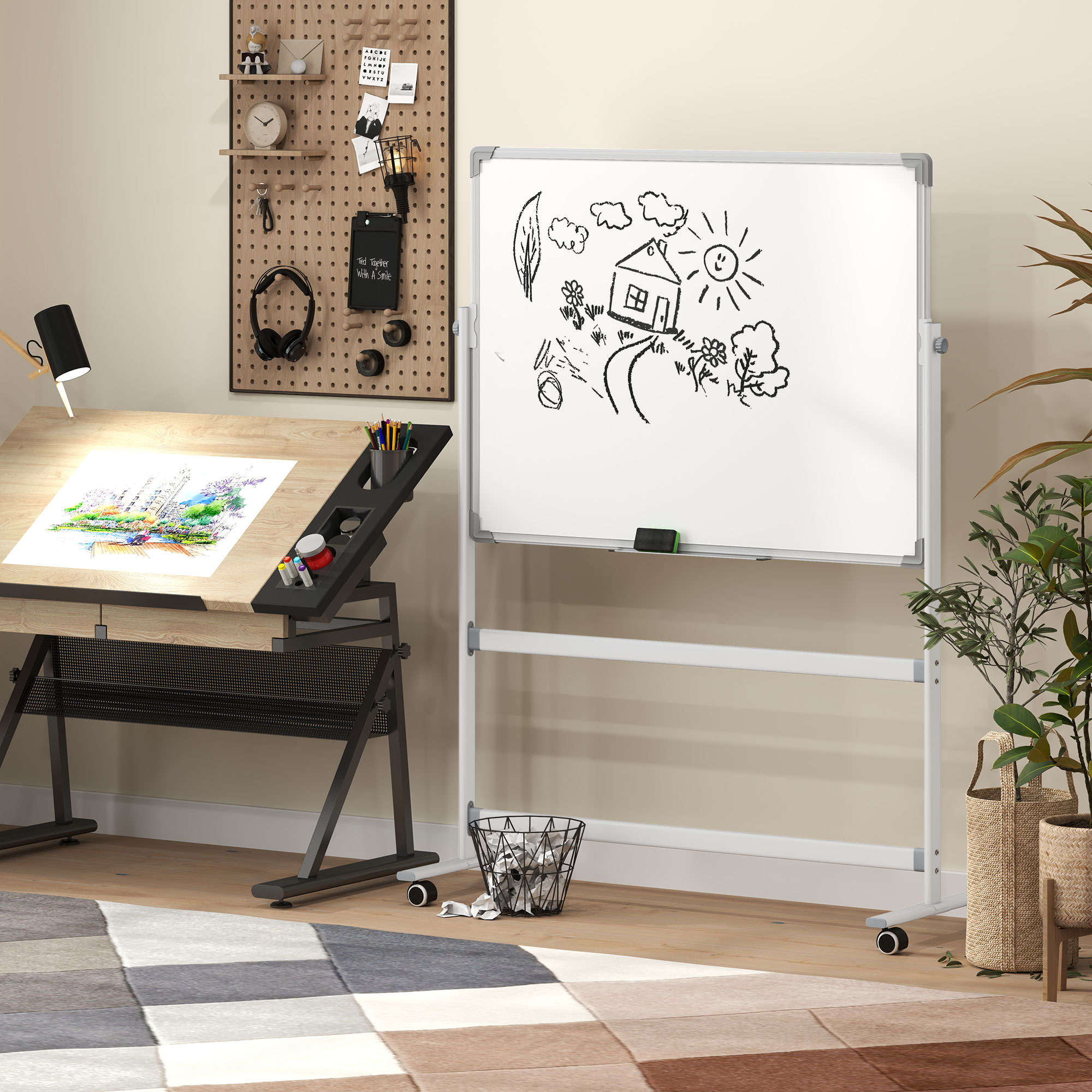 Whiteboard,120 x 90 cm, magnetisch, drehbar, mobil, inkl, Marker & Schwamm, Metallgestell, Weiß