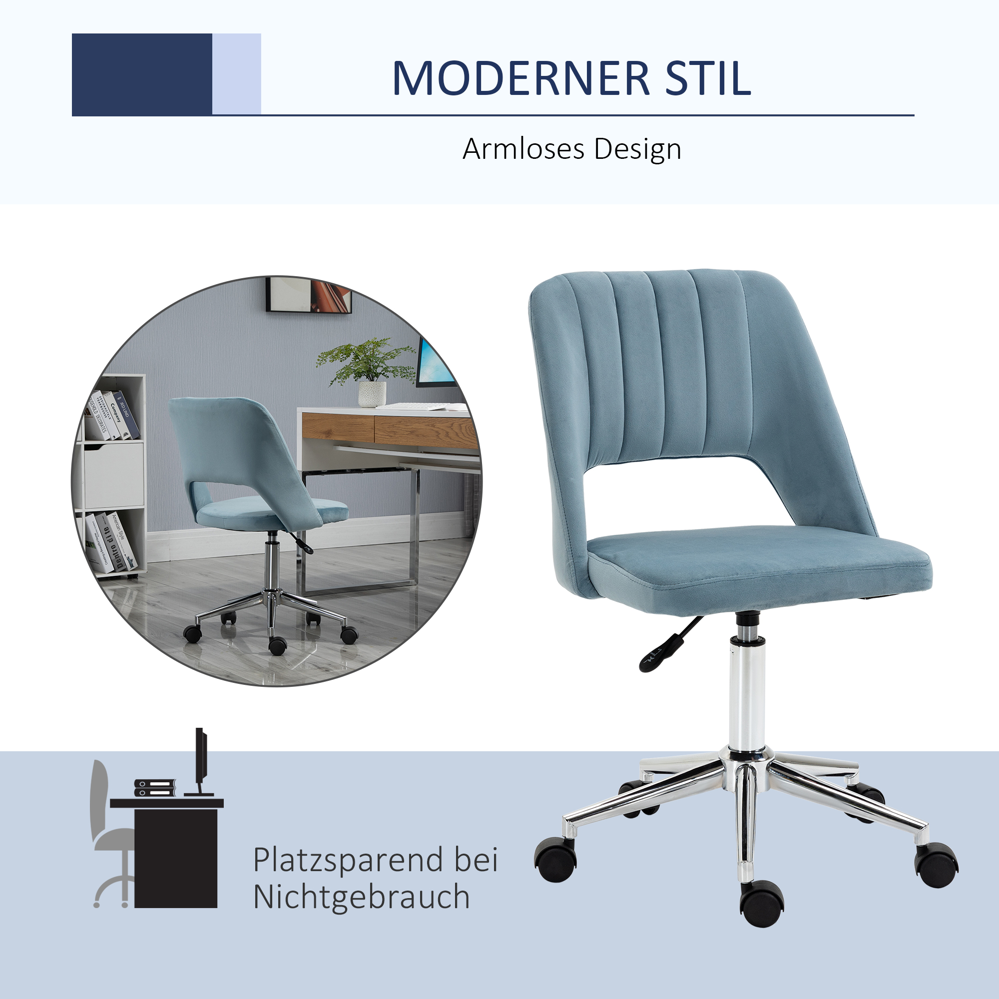 Schreibtischstuhl, Höhenverstellbar Homeoffice Stuhl ohne Armlehne, drehbar Bürostuhl mit Samtoptik, Ergonomisch Schminkstuhl für Schlafzimmer, Arbeitszimmer, Blau