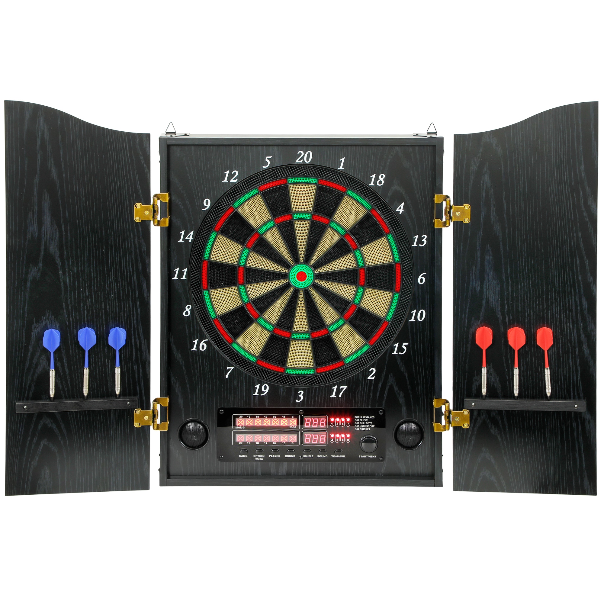 elektronische Dartscheibe, E-Dartboard mit Türen, Holzoptik, LED-Anzeige, Sprachansagen, 6 Dartpfeile, 24 Ersatzspitzen
