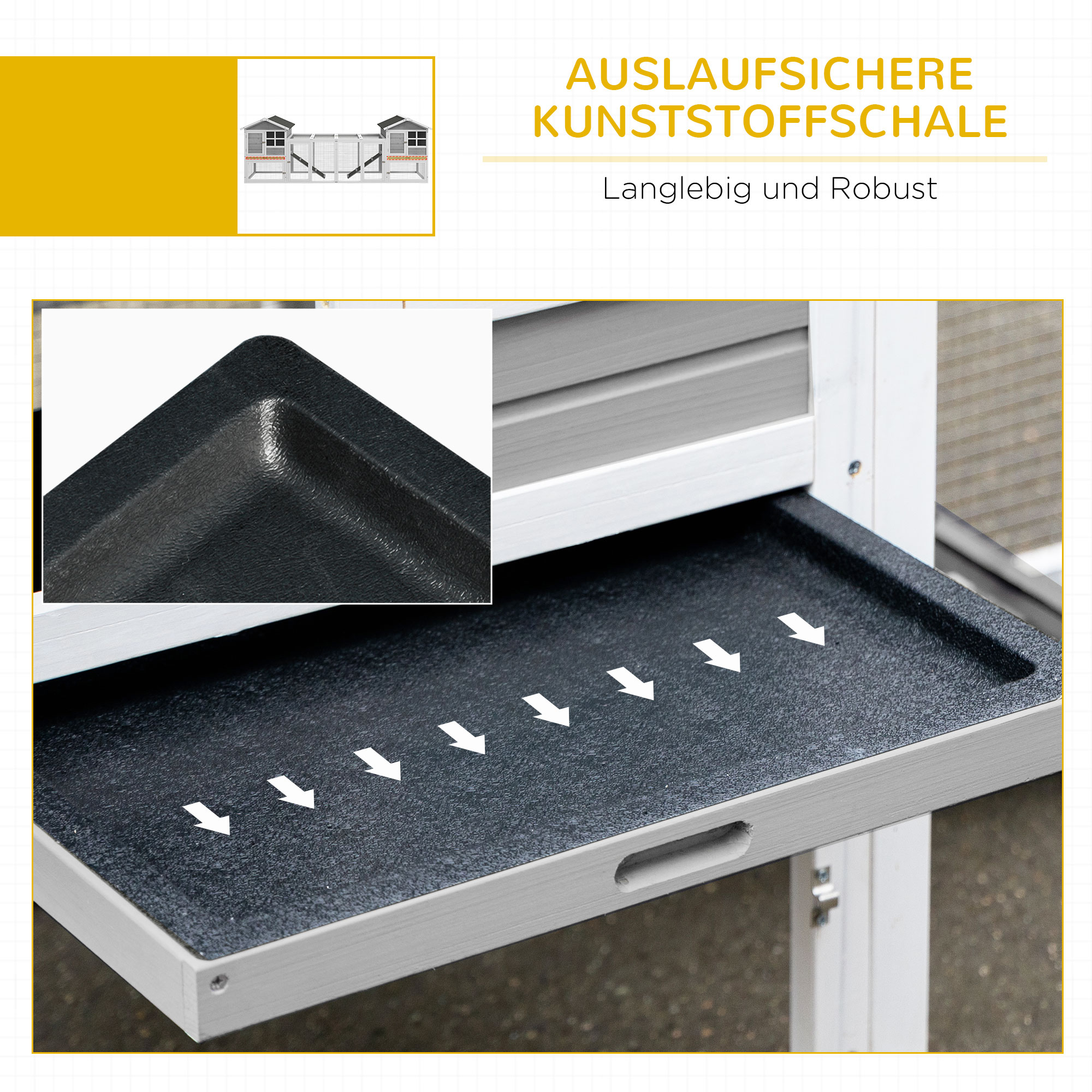 Kleintierstall, Kaninchenstall, Außengehege, Stall, Rampe, ausziehbare Bodenwannen, Weiß + Grau