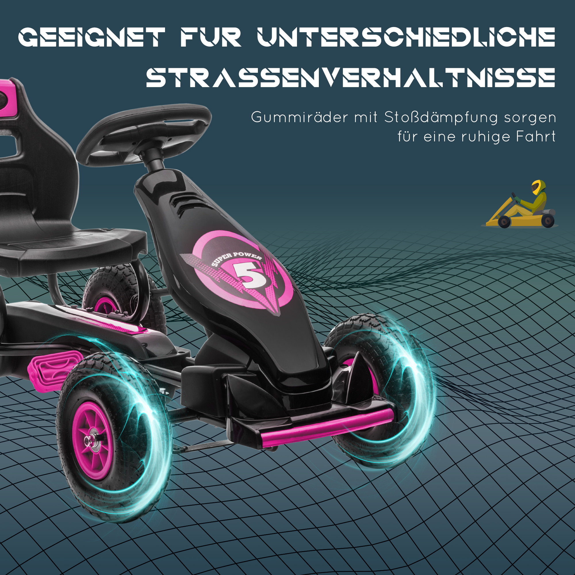 Kinder-Gokart, mit Pedalen, verstellbarem Sitz, In- und Outdoor, ab 5 Jahren, Rosa+Schwarz, 121 x 58 x 61 cm