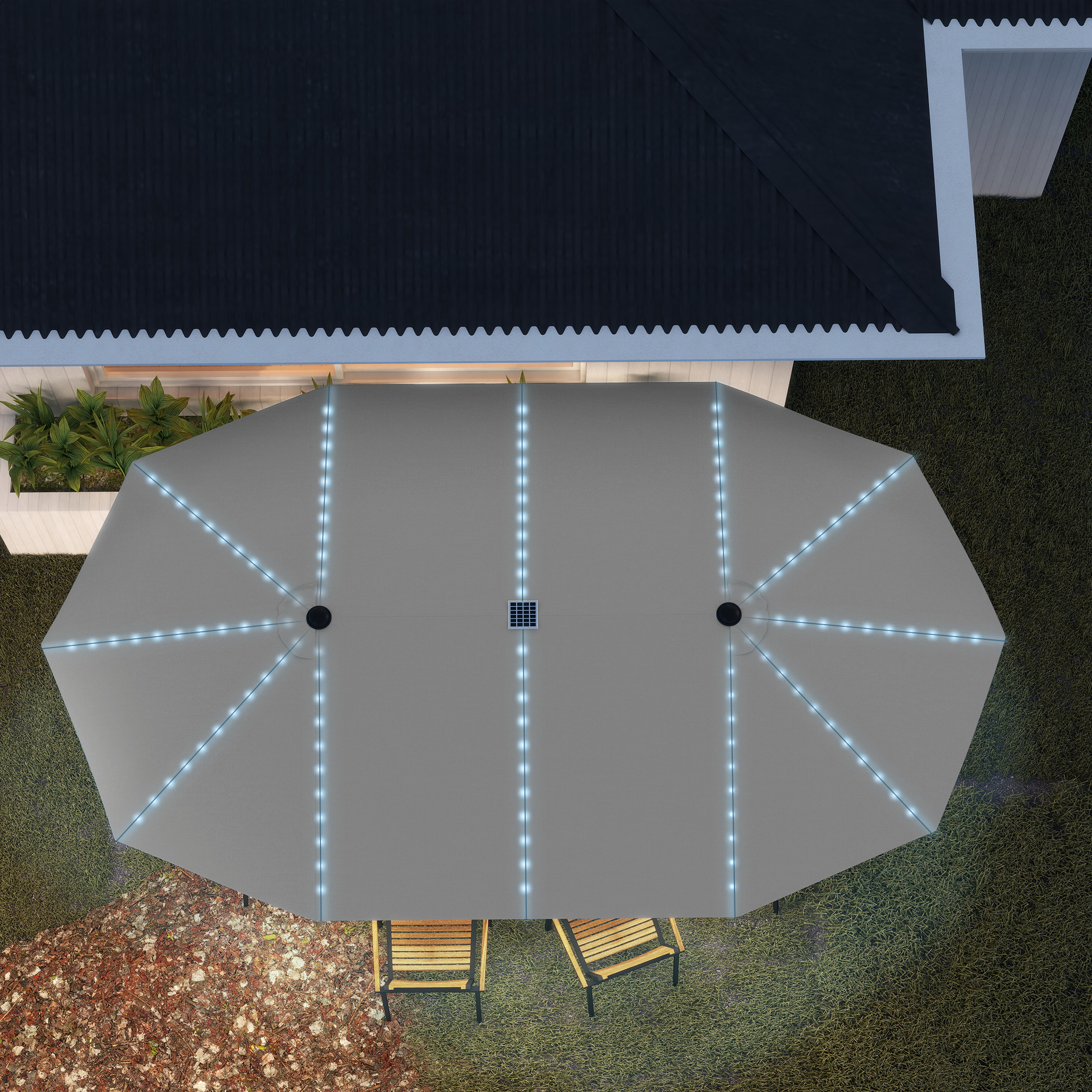 Doppelschirm mit Solar-Lichtern, Aluminium, Polyester, UPF50+ Schutz, UV-beständig, Terrassenschirm, Dunkelgrau