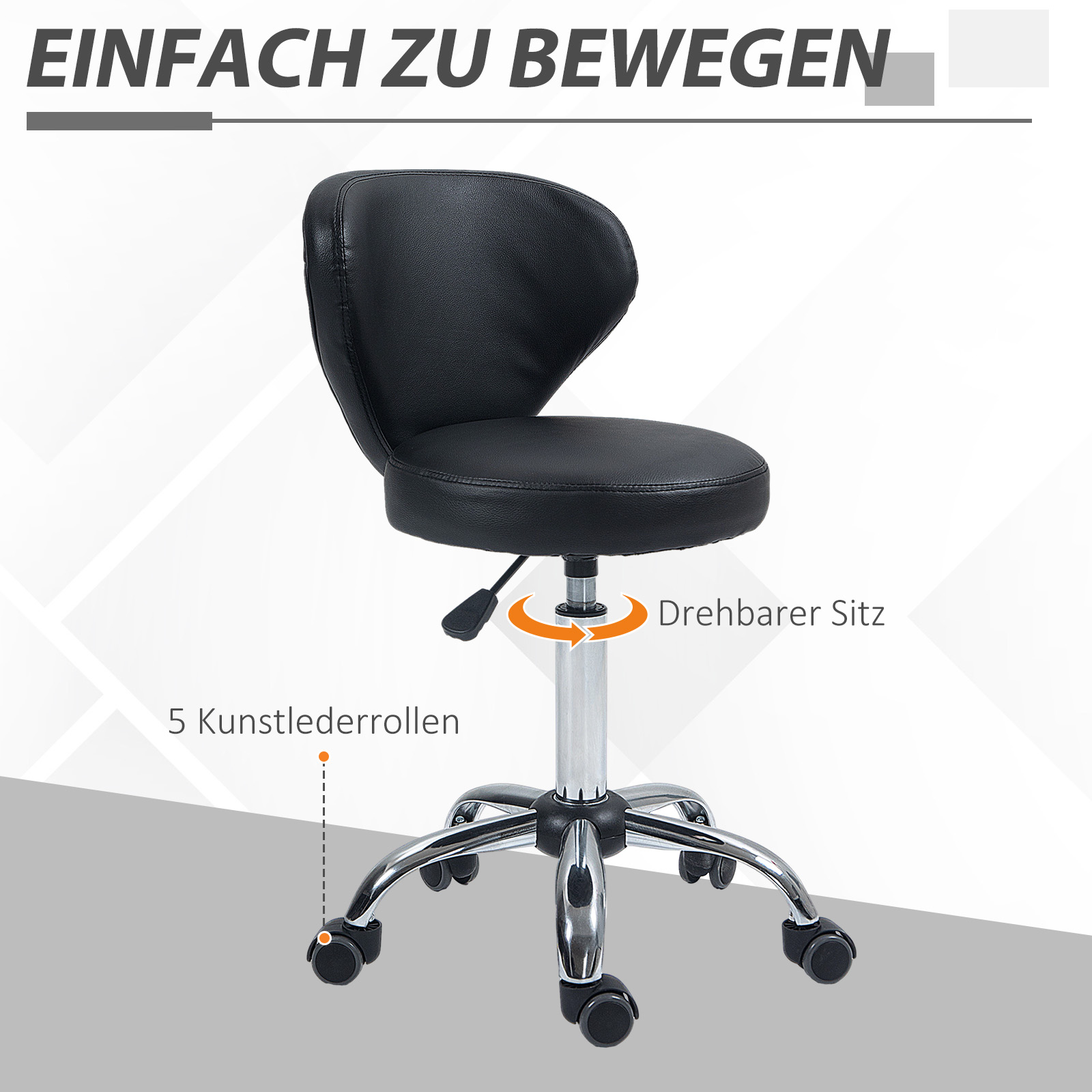 Salonhocker in Lederoptik, höhenverstellbar, bis 120 kg, Stahlgestell, Schwarz