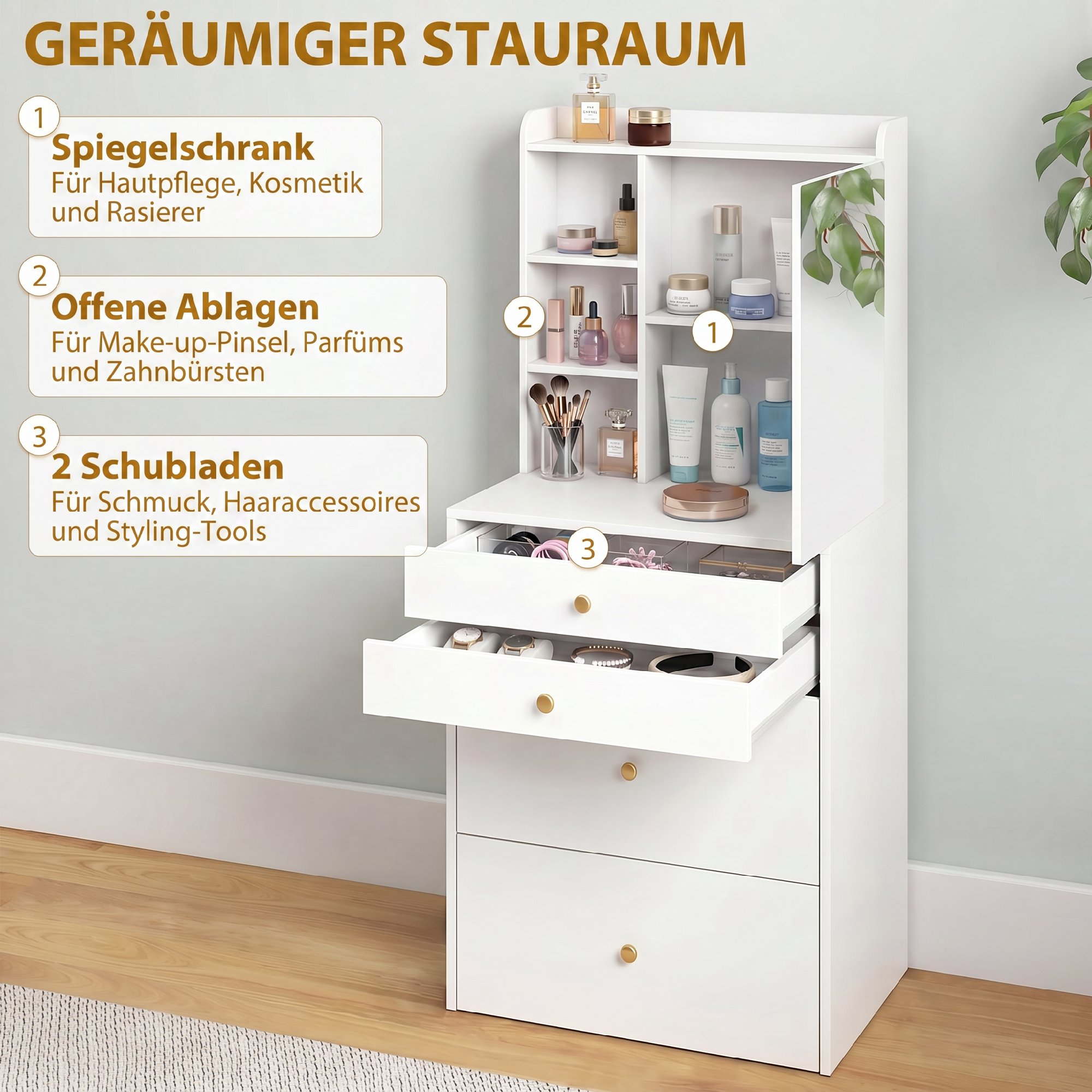 Schminktisch mit Spiegel und gepolstertem Hocker, kompakter Frisiertisch mit Schrank, Schubladen und offenen Ablagen, Weiß