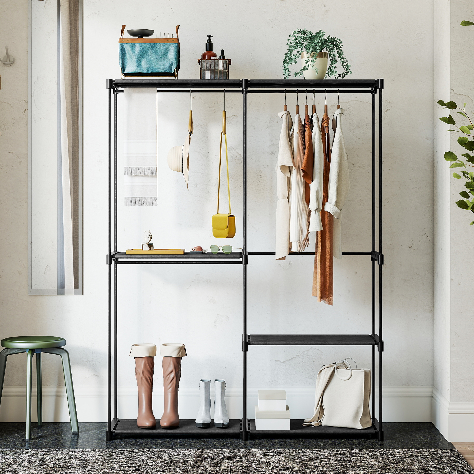 Tragbarer Kleiderständer, Metallrahmen, Stoffregale, viel Platz, Schwarz