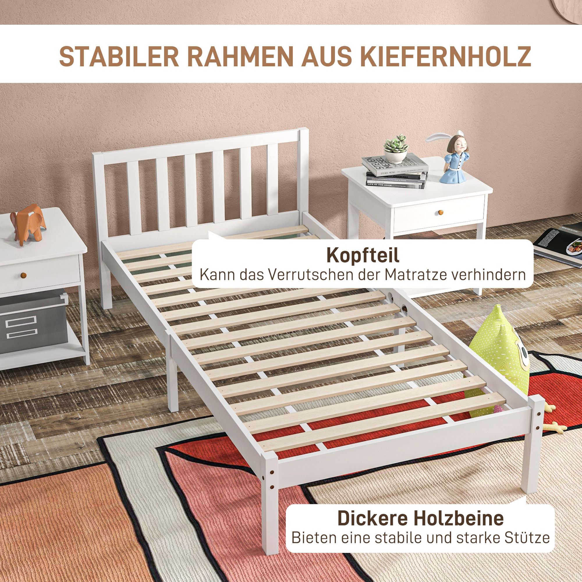 Einzelbettgestell, Kopfteil & Lattenrost, 26cm Freiraum unter Bett, Kiefernholz, 208x96x70 cm, Weiß