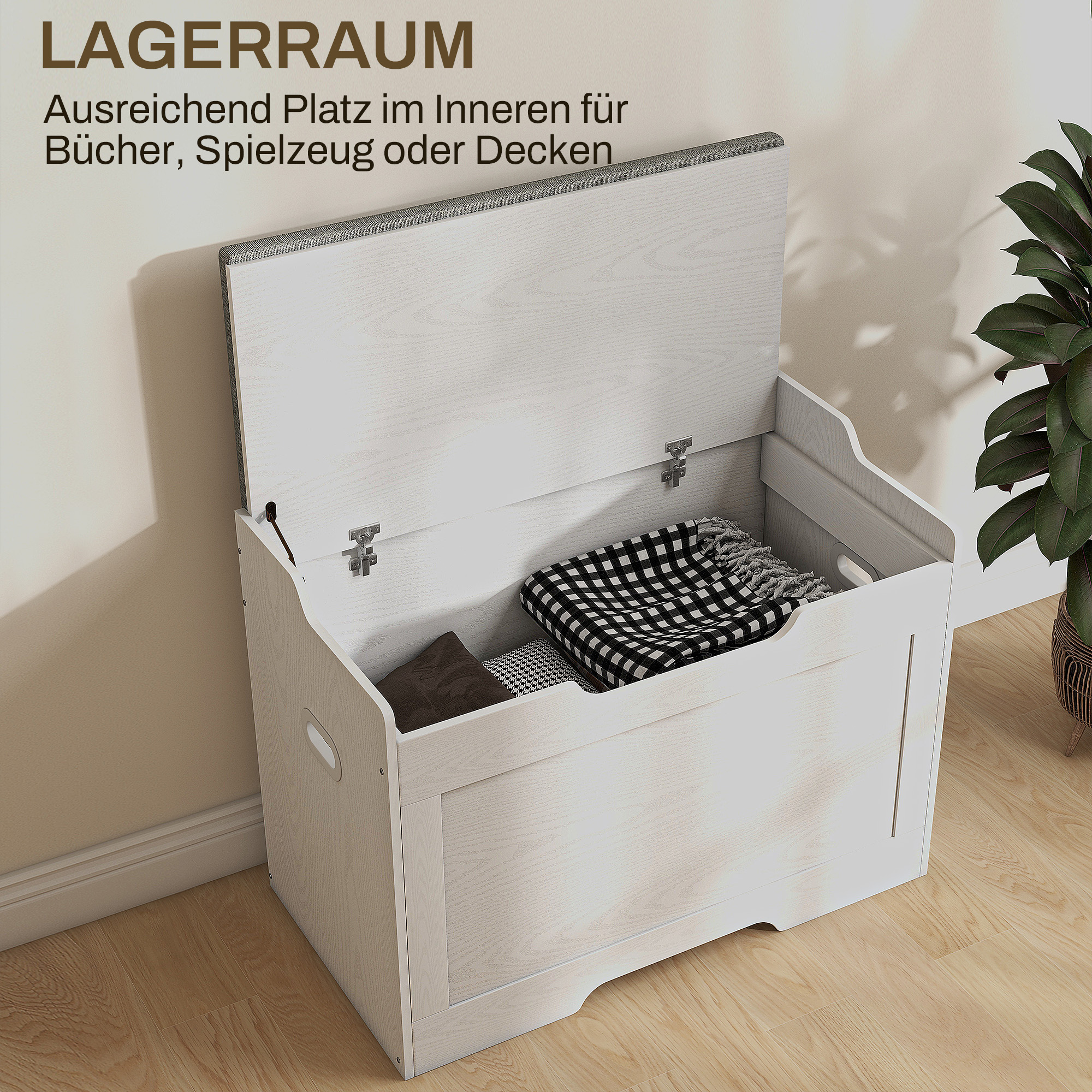 103 Liter Aufbewahrungstruhe, Stauraum-Sitzbank mit Sicherheitsscharnier, Sitzkissen, für verschiedene Zimmer, Weiß