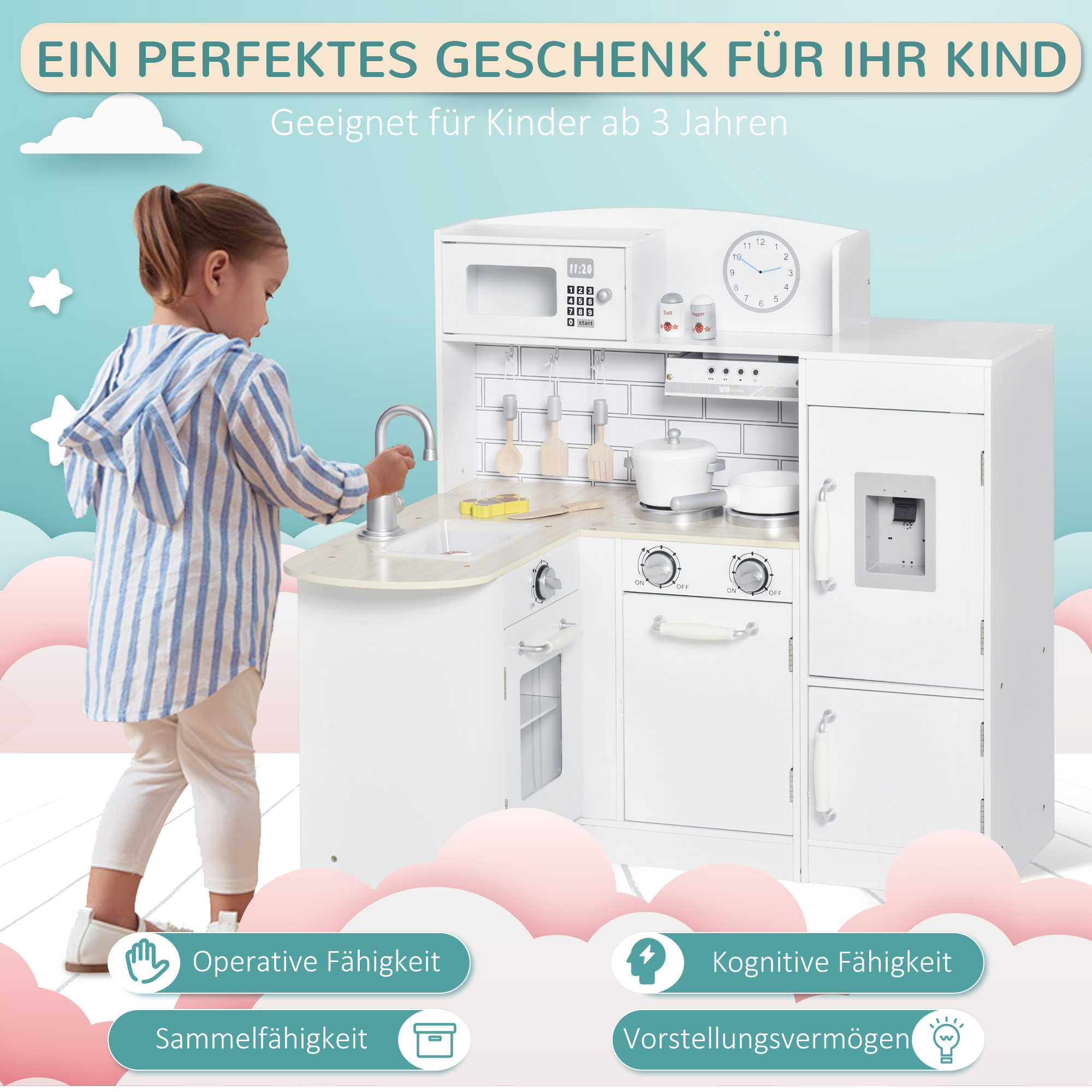 Spielküche, 14-tlg. Zubehör, elektr. Wasserspender, 86 x 64 x 84,5 cm, Weiß