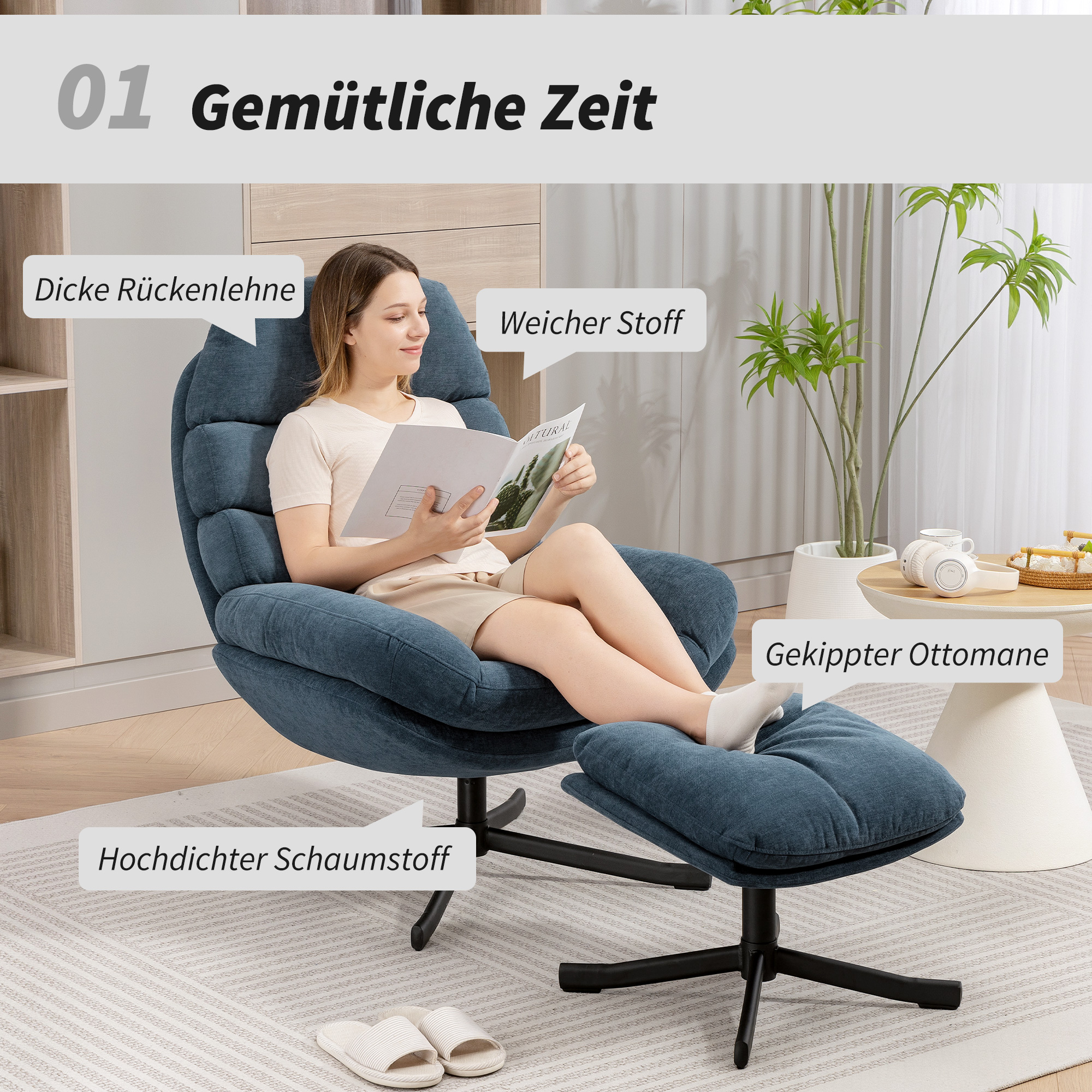 Relaxsessel mit Hocker Sessel Loungesessel mit Chenille-Stoff, Modern Fernsehsessel, 78 x 93 x 100 cm, Blau