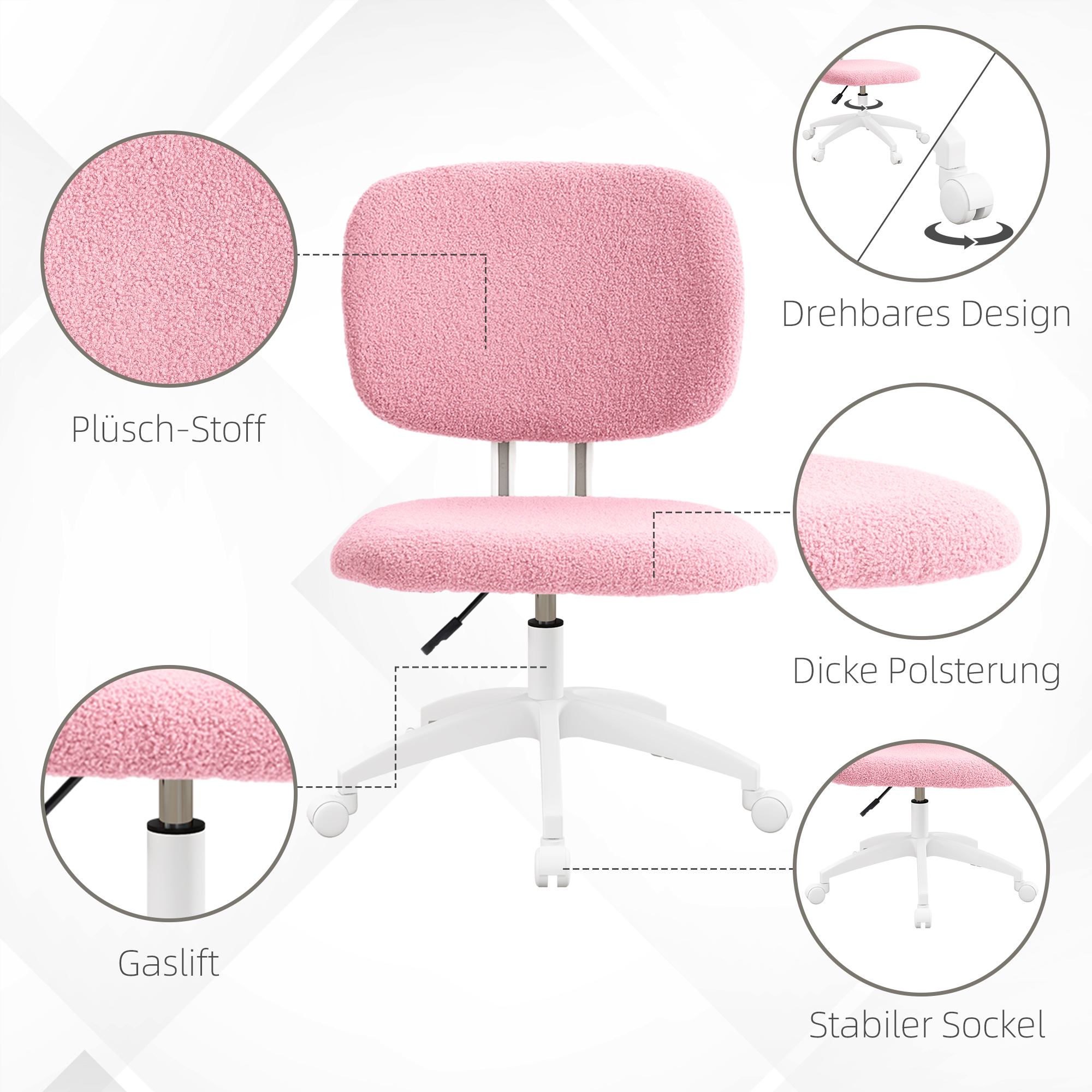 Bürostuhl Computerstuhl drehbar, höhenverstellbar, 48 cm x 53 cm x 80-90 cm, Rosa
