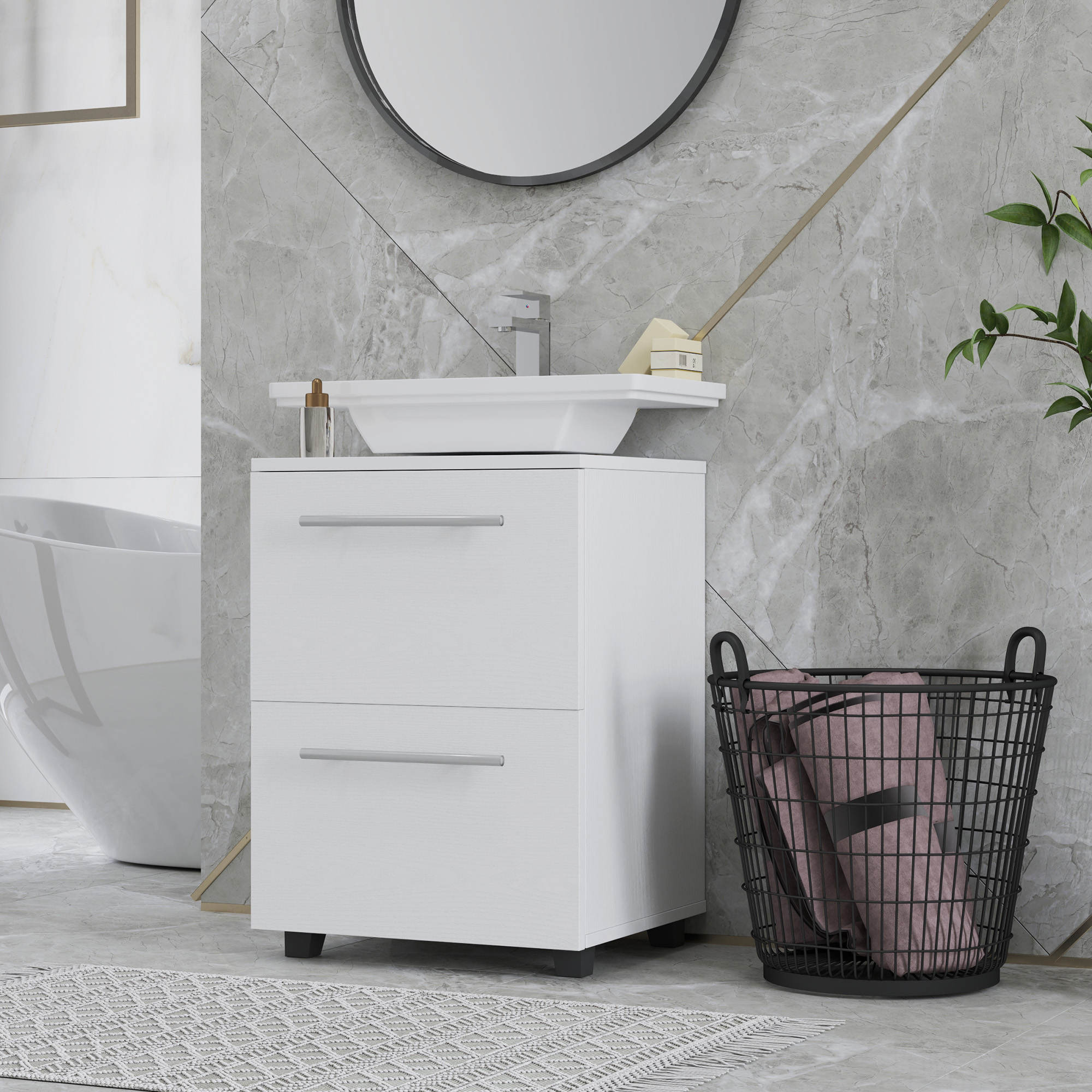 Badezimmerschrank, Waschbecken-Kommode mit Schublade, kompakt, Spanplatte, Weiß