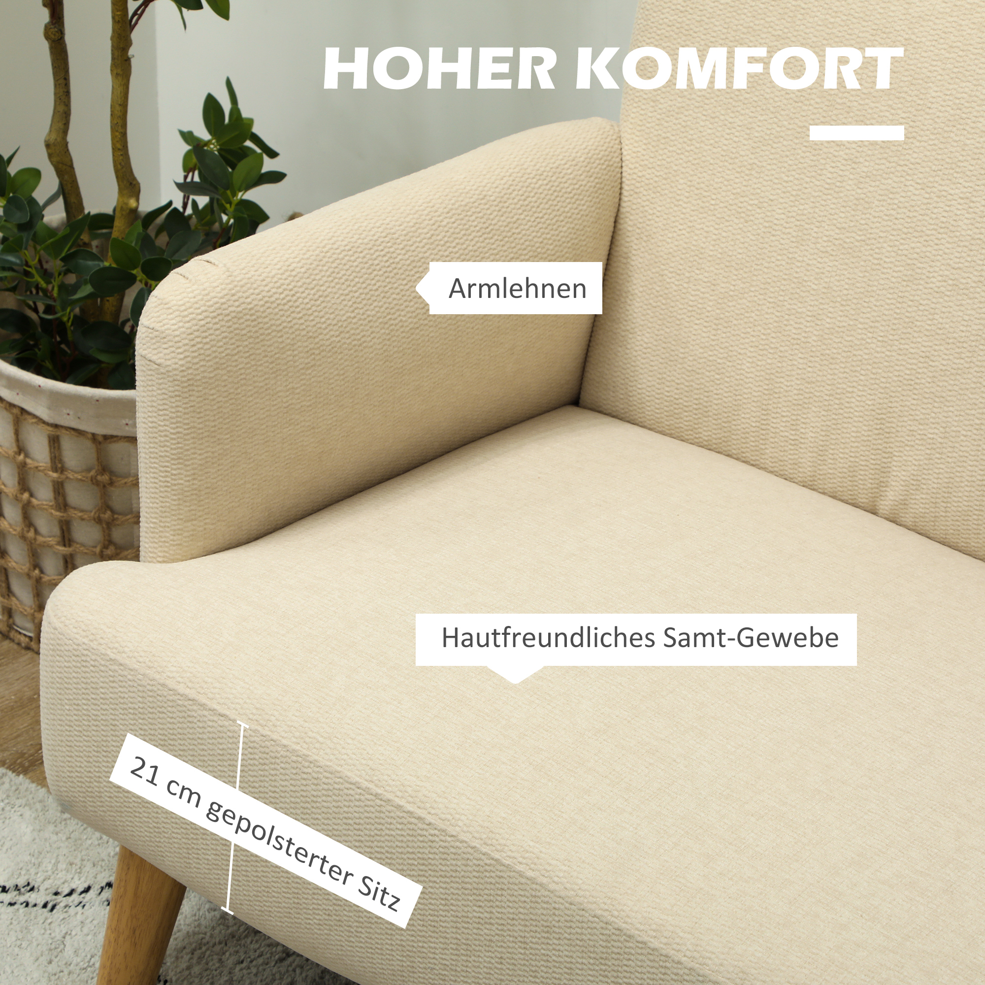 Zweisitzer-Sofa, kompakt, hautfreundlicher Bezug, bis 240 kg, 130x74x79 cm, Cremeweiß