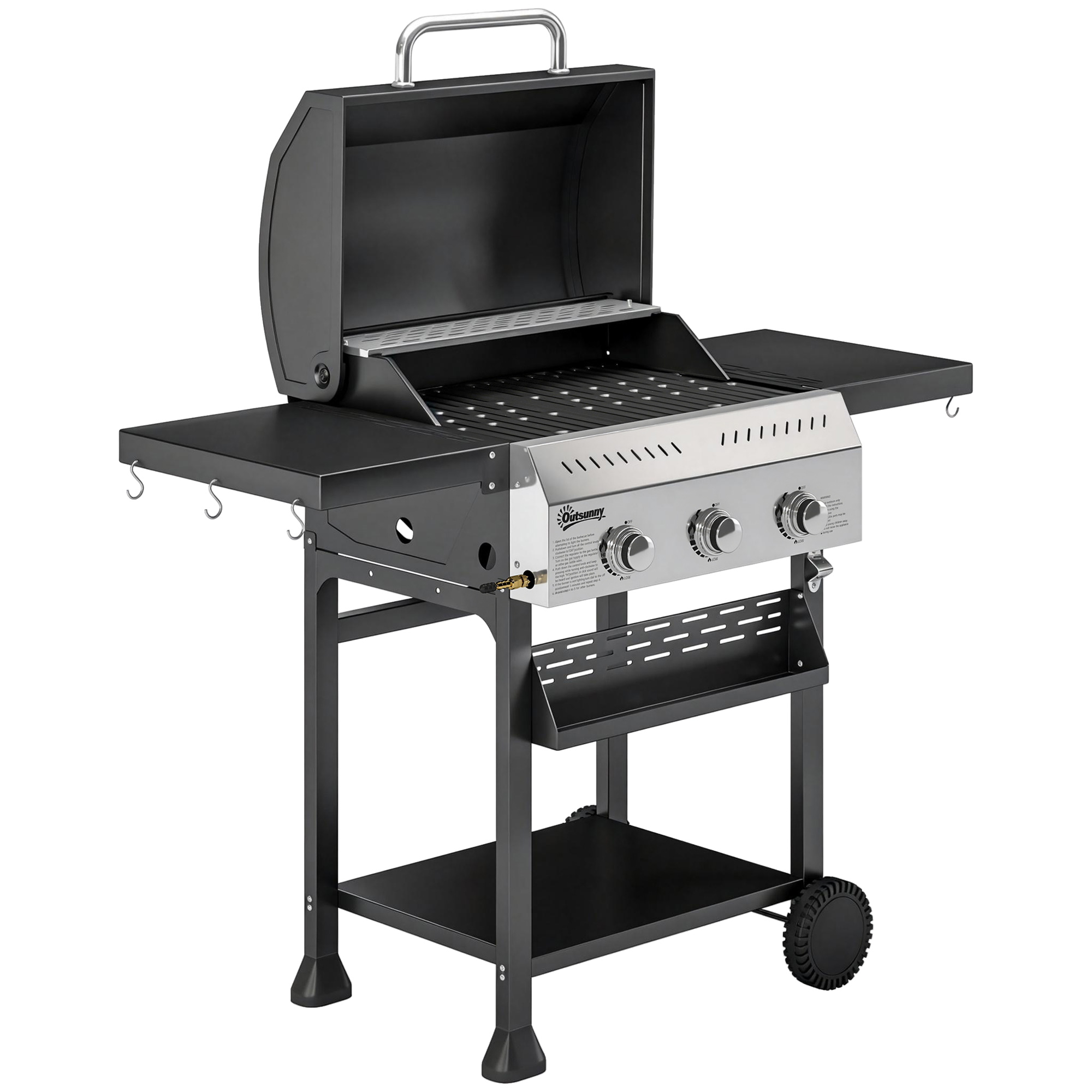 Gasgrill 9kW 3 Brenner BBQ Grillwagen Edelstahl inkl klappbar Seitentisch Gewürzhalter Unterregal 6 Haken