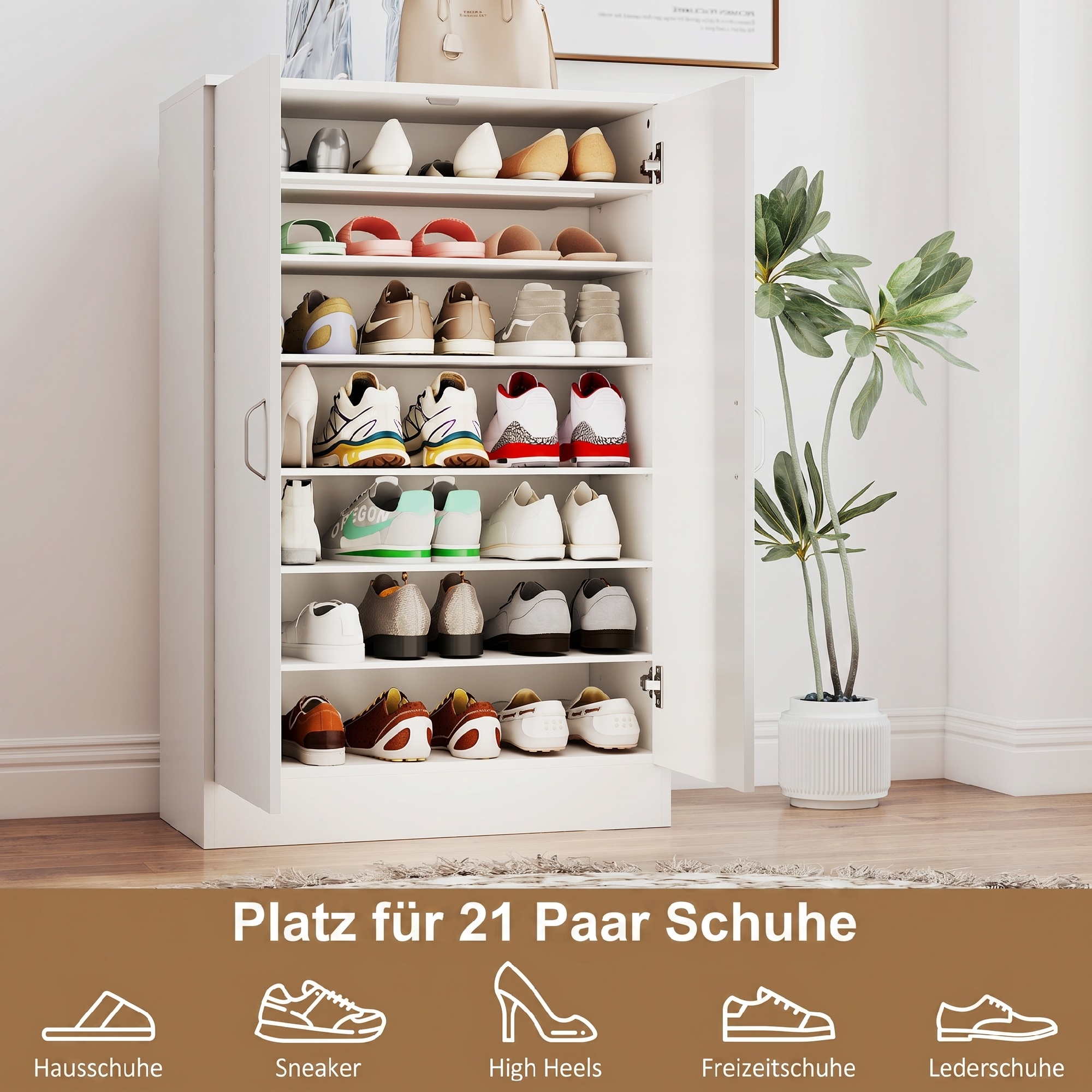 Schuhschrank mit 2 Türen, 6 verstellbare Regalböden, Soft-Close-Scharniere für 21 Paar, Weiß