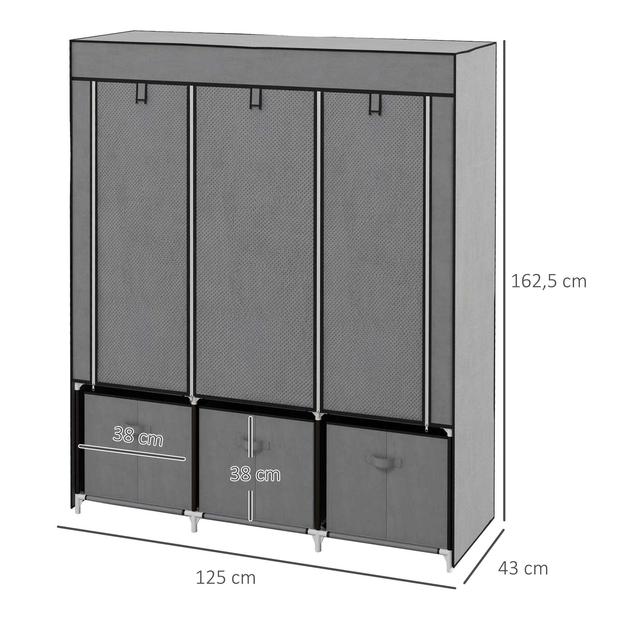 Stoffschrank aus Vlies, Faltschrank, inkl, 3 Schubladen, 125 cm x 43 cm x 162,5 cm, Grau