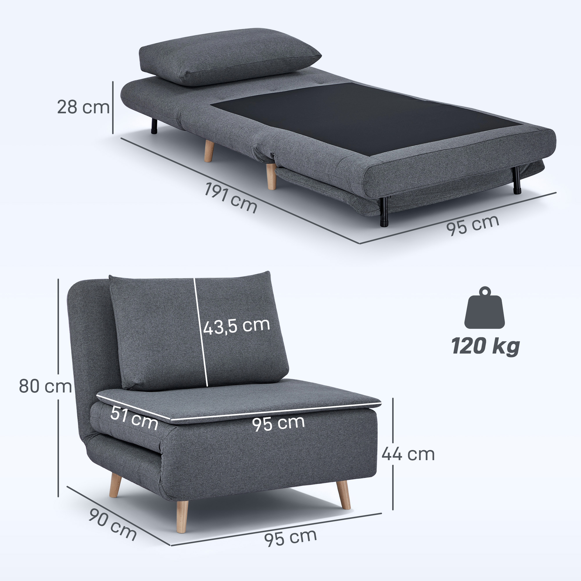 3-in-1 Schlafsessel mit Bett-Funktion, Liegesessel, verstellbare Rückenlehne, Buchenholzbeine, Kissen, Grau