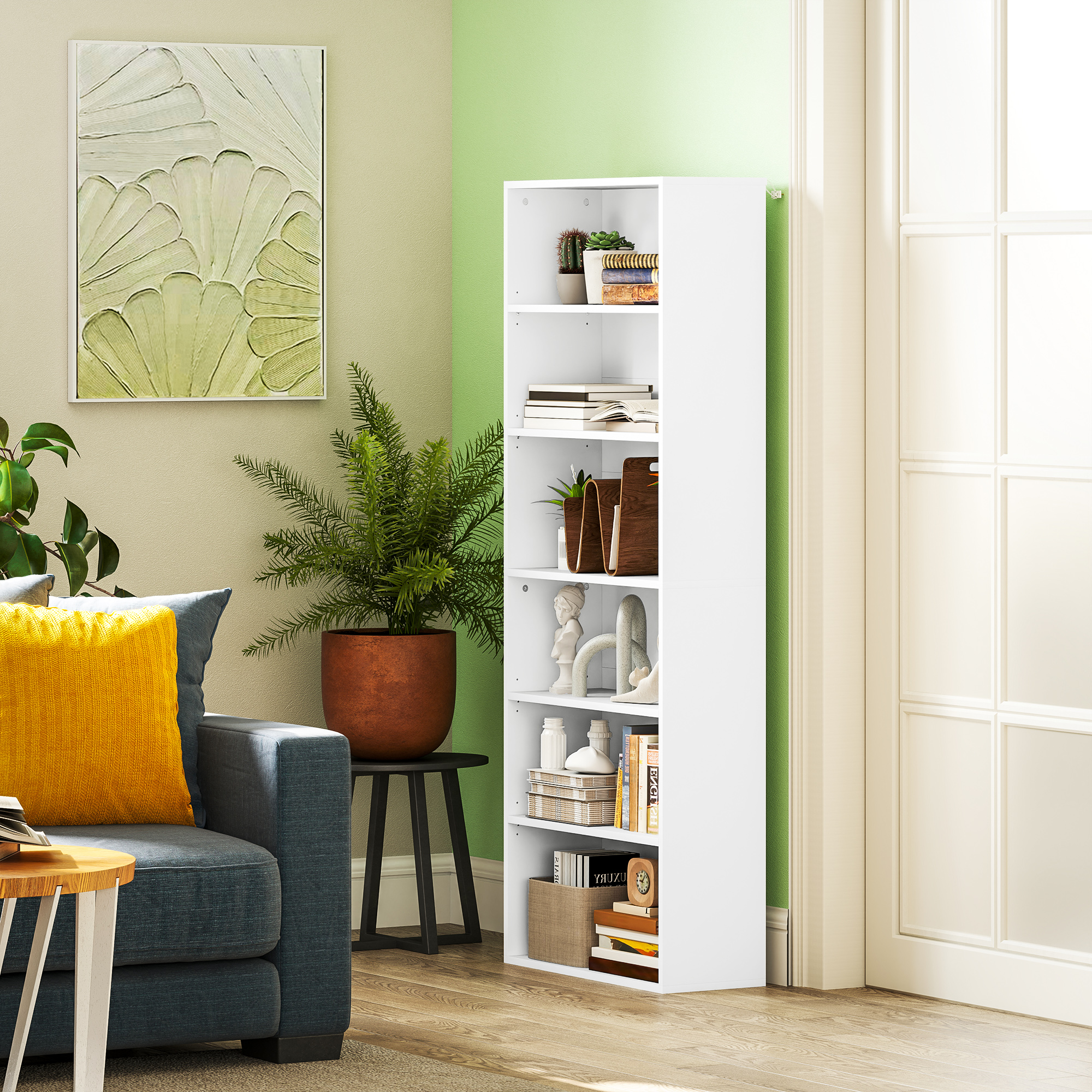 Bücherregal, 6 Fächer, verstellbare Regale, Spanplatte, 60 x 24 x 158,5 cm, Weiß