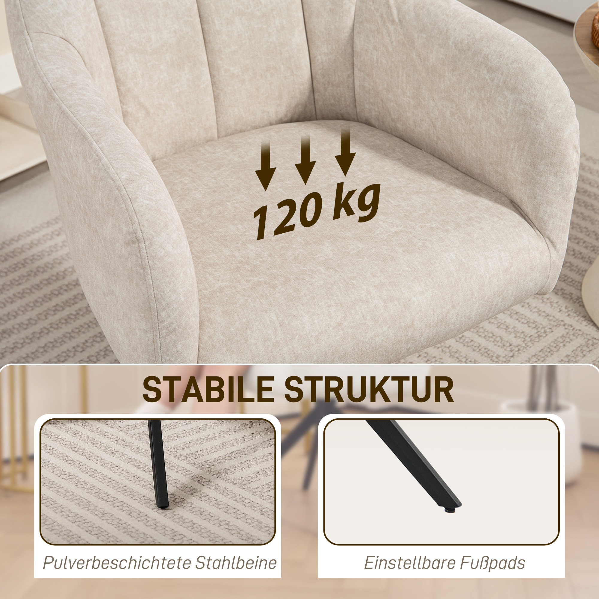 Drehbarer Akzentstuhl, Polsterstuhl mit Stoffbezug, Armlehnen, Stahlbeine, für Wohnzimmer, Schlafzimmer, Büro, Beige