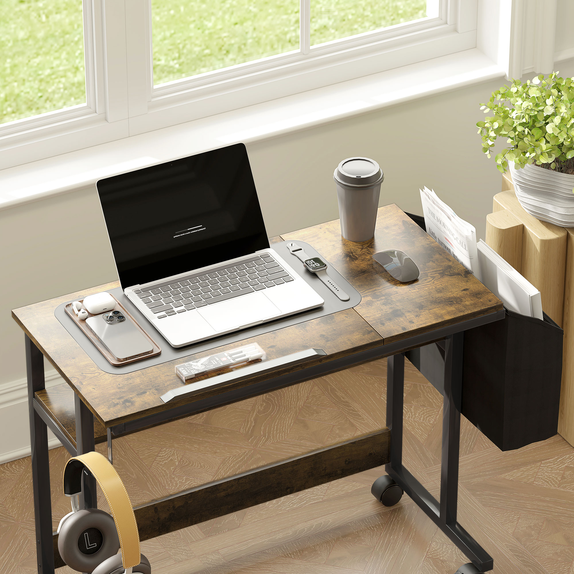 Höhenverstellbares Stehpult mit neigbarer Tischplatte, Rädern, Aufbewahrungsregal, zum Schreiben, Lesen, Zeichnen, Braun