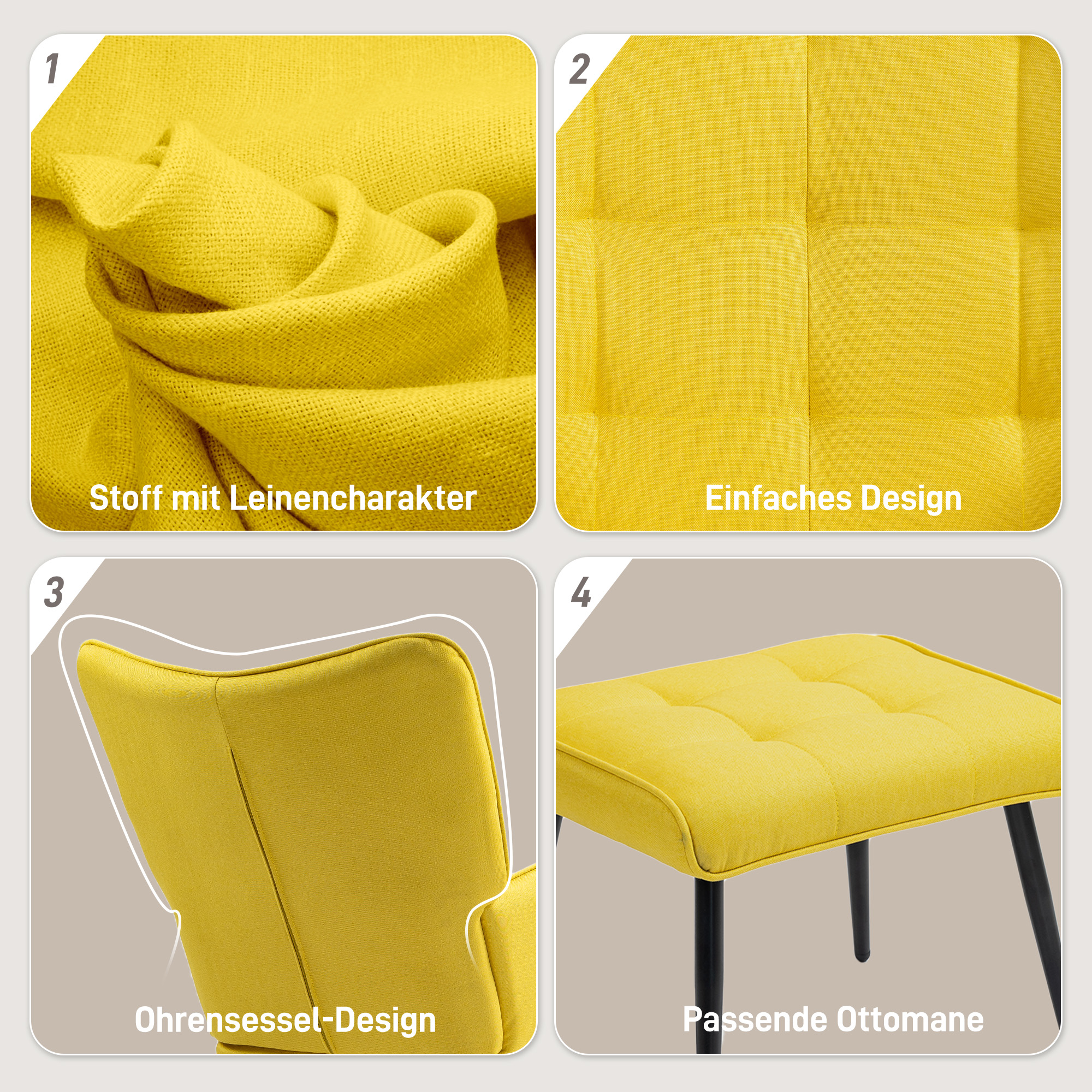 Schaukelstuhl mit Ottomane Skandidesign Schaukelstuhl mit Fußhocker, Buchenholz, Steppung, 64 cm x 89 cm x 90 cm Gelb