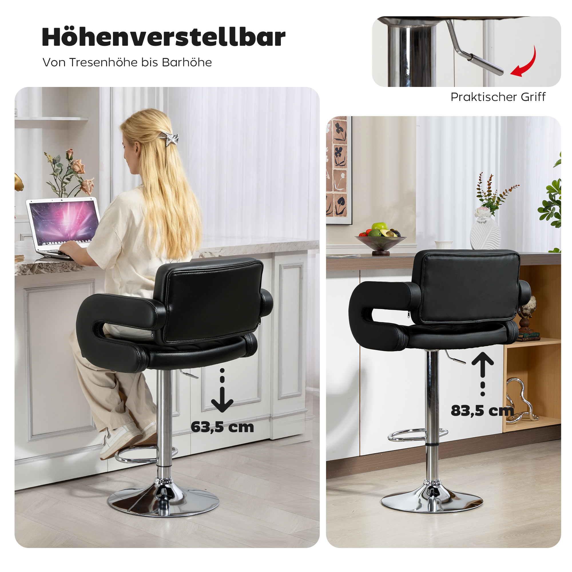 Barhocker, Höhenverstellbar 360° Drehbar Barstuhl mit Metallgestell, Lehne, Fußstütze, 61x50x93-113 cm, Schwarz