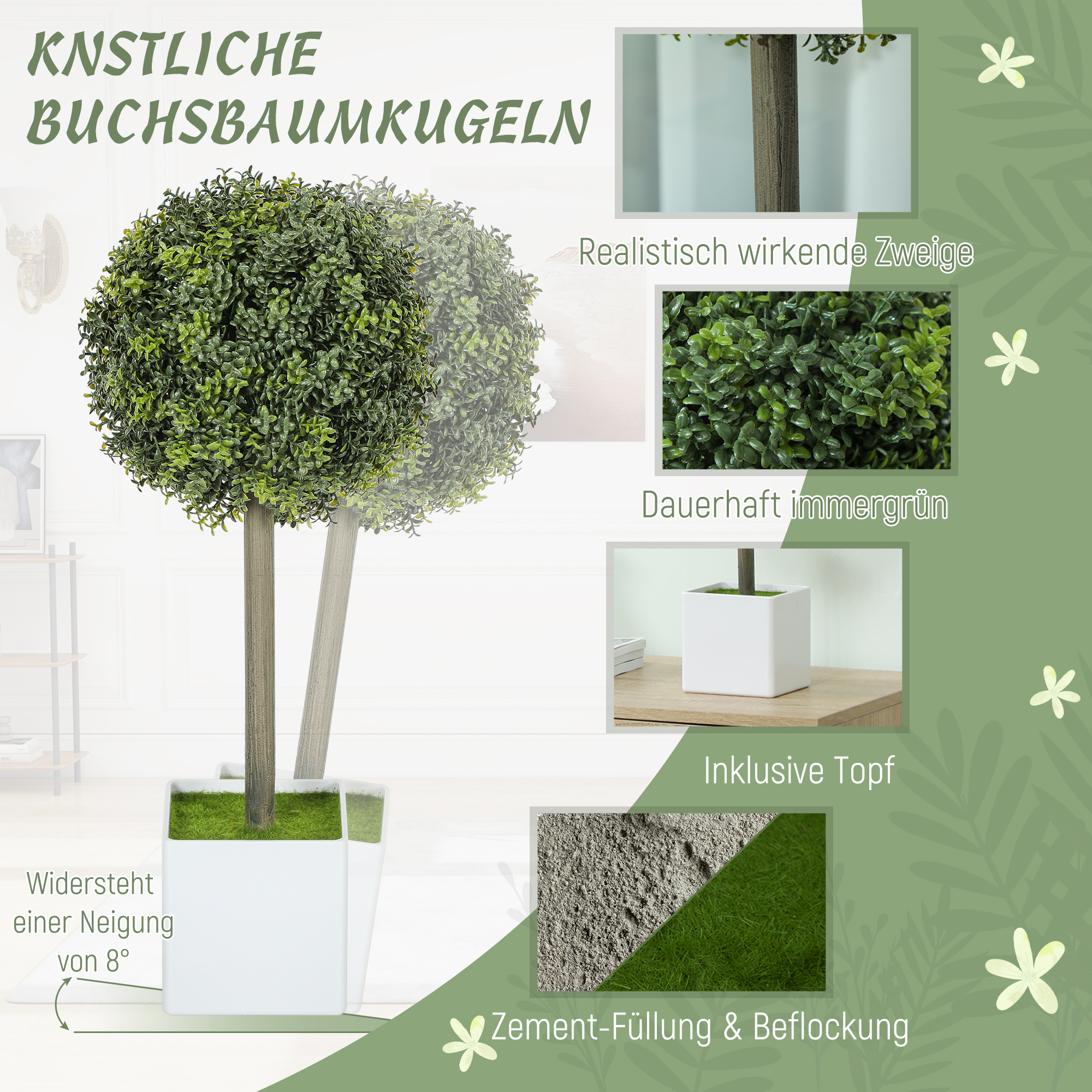 2er Set Künstliche Buchsbaum-Formschnittkugeln 45cm Kunstpflanze, Plastik Künstliche Pflanzen im Topf