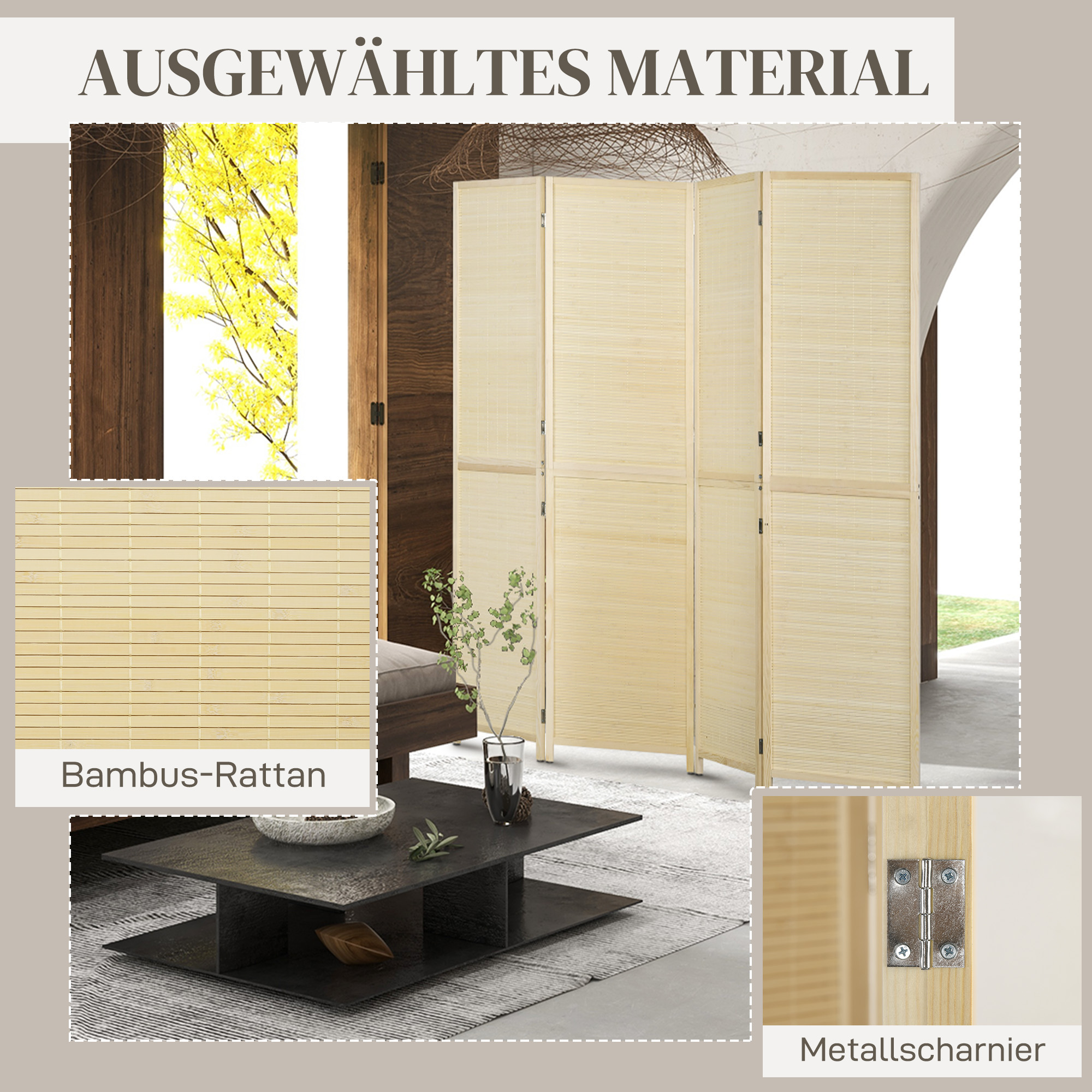 Paravent 4-teilig 180 x 180 cm Faltbar Raumteiler Trennwand aus Bambus für Wohnzimmer Natur