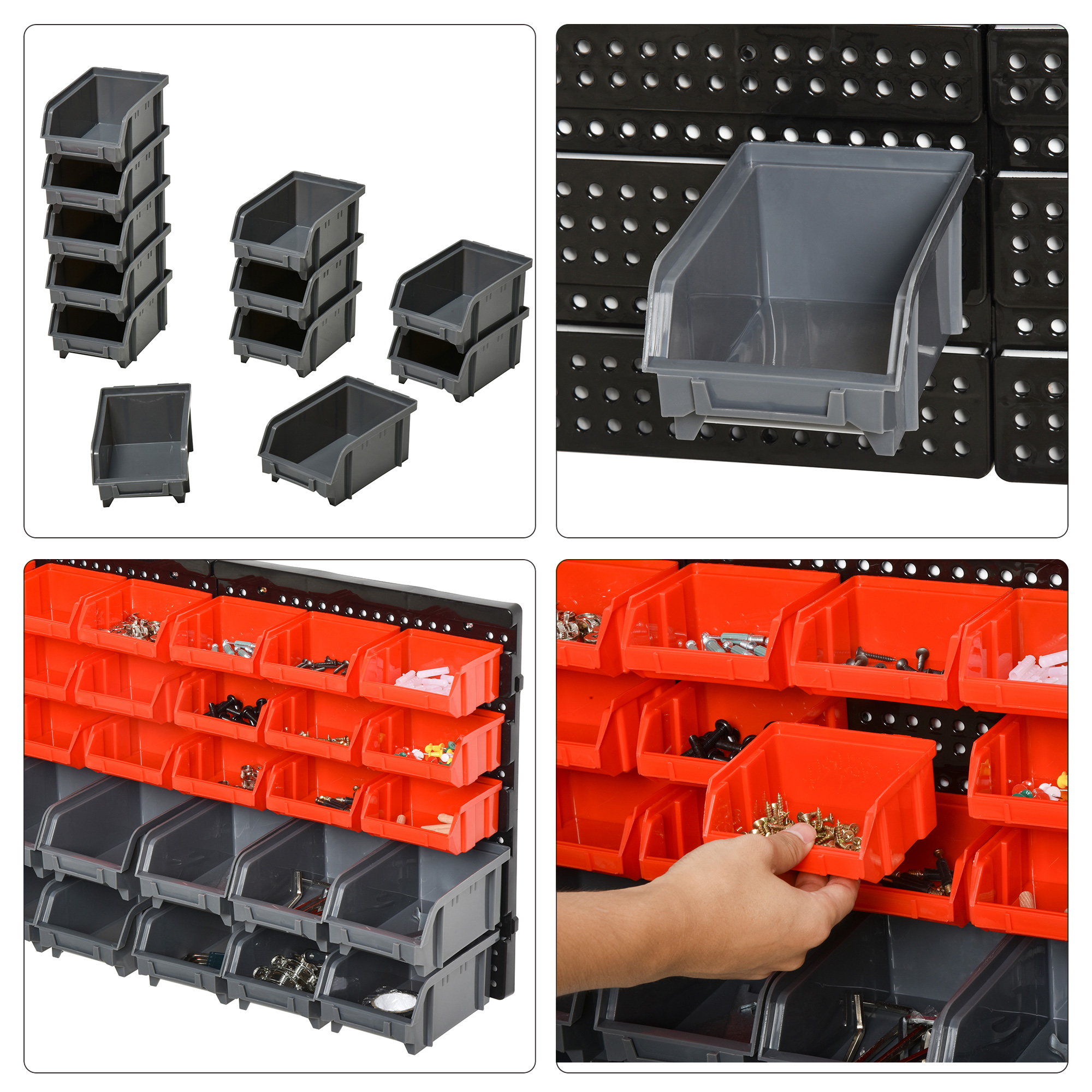 Aufbewahrungs-System Wandregal mit Stapelboxen, 30 Boxen, 2 Lochplatten, 37,5 cm x 18 cm x 63 cm, Rot + Grau+ Schwarz