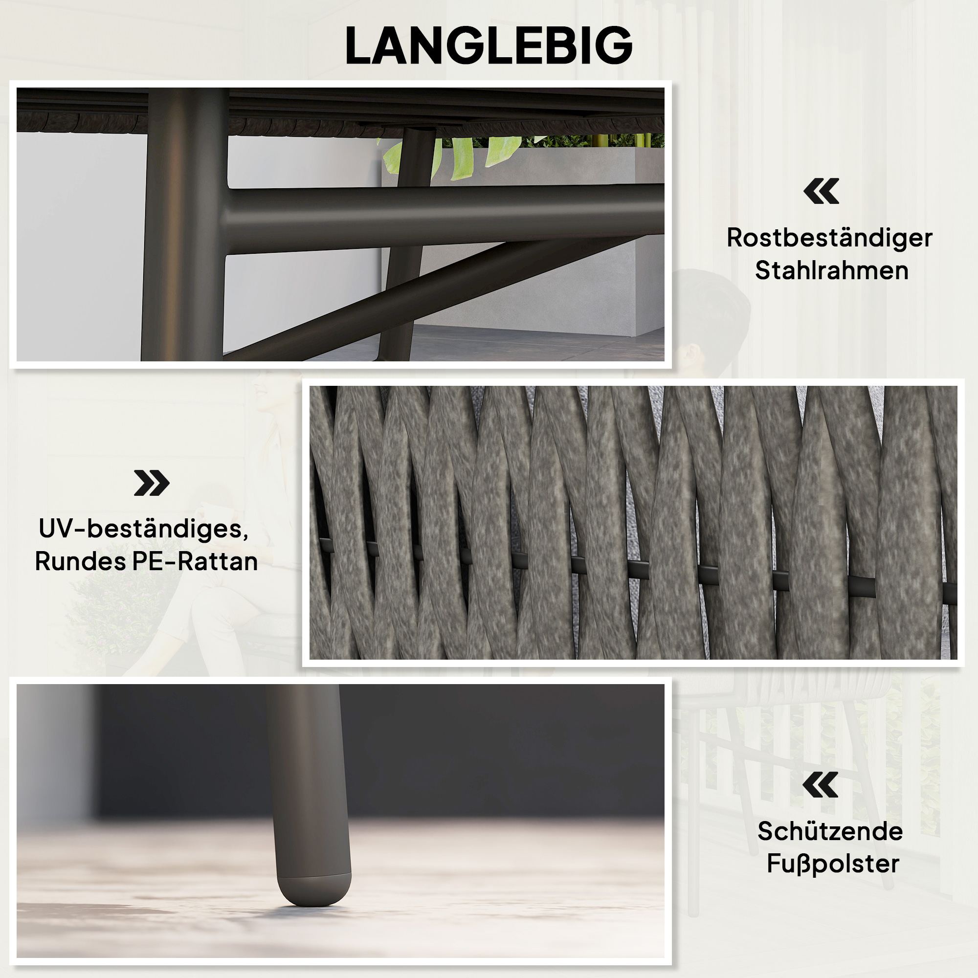 3-teiliges Außenmöbel-Set, 2 Stühle, 1 Tisch, Bistro-Set, Kunst-Rattan, Stahlrahmen, Metalltisch, 4 Kissen, Grau