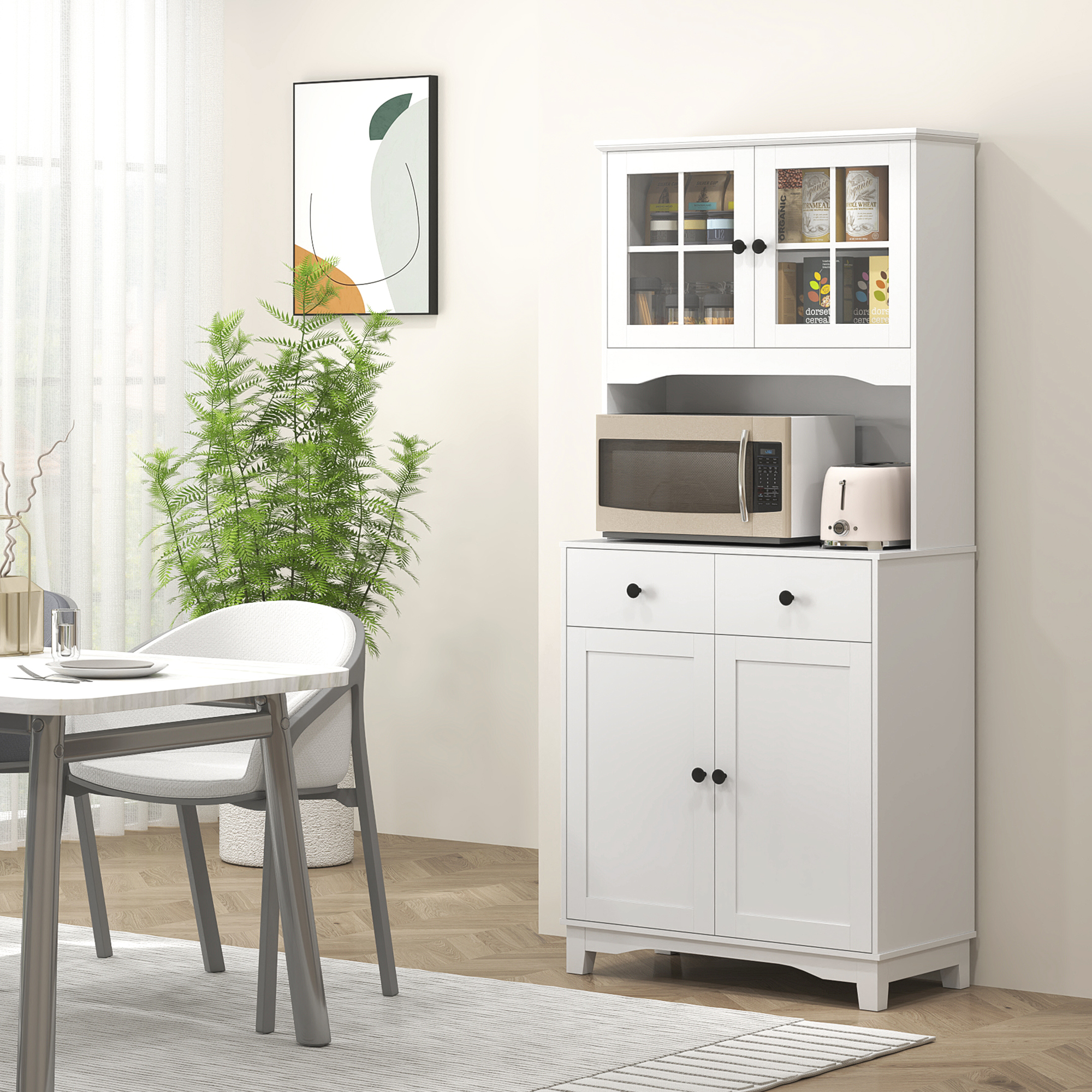 Freistehender Küchenschrank mit Arbeitsplatte für Mikrowelle, Kaffeemaschine, Schränke, Glastüren, Weiß