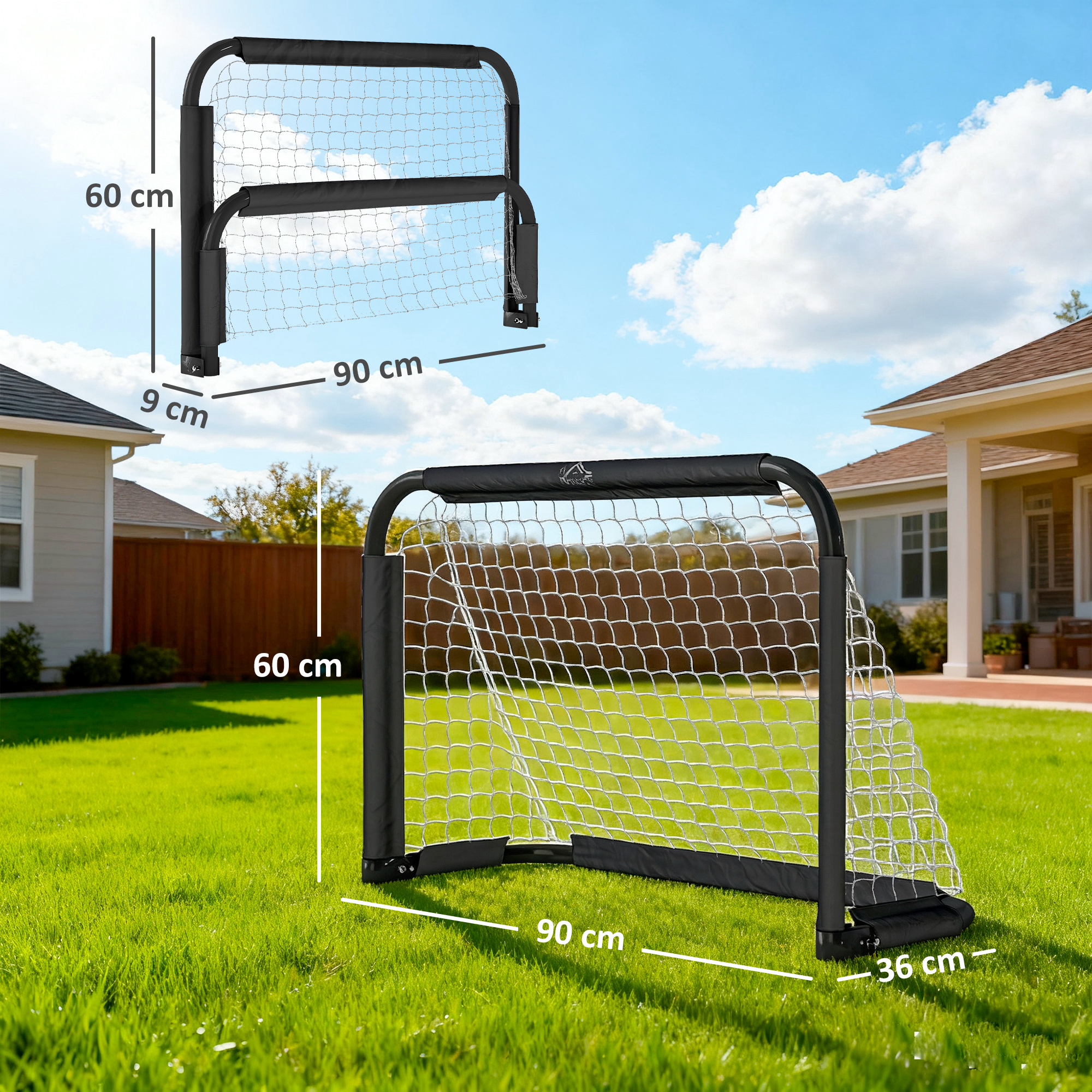 Fußballtor-Set, 2 klappbare Minitore, Metallrahmen, inkl. Werkzeug, 90 x 36 x 60 cm, Schwarz