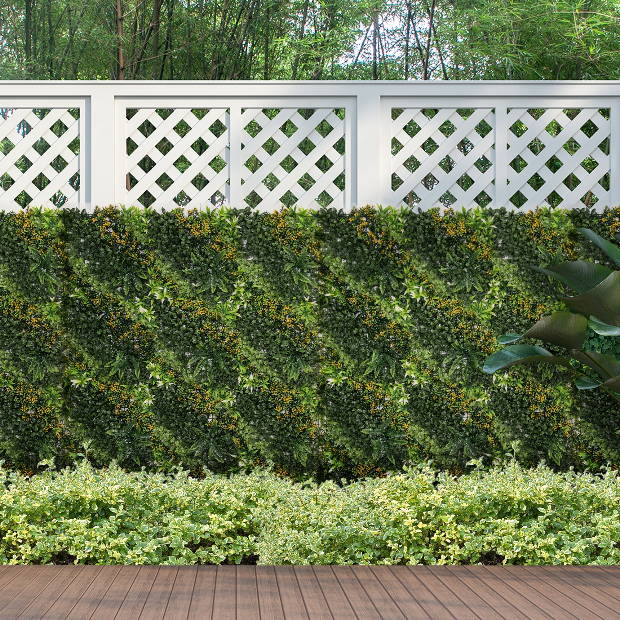 12 Stück künstliches Pflanzenwand Hecke 50x50 cm UV-Schutz Sichtschutz Mehrblättriges Design Heckenpflanze für Garten Outdoor Dekor