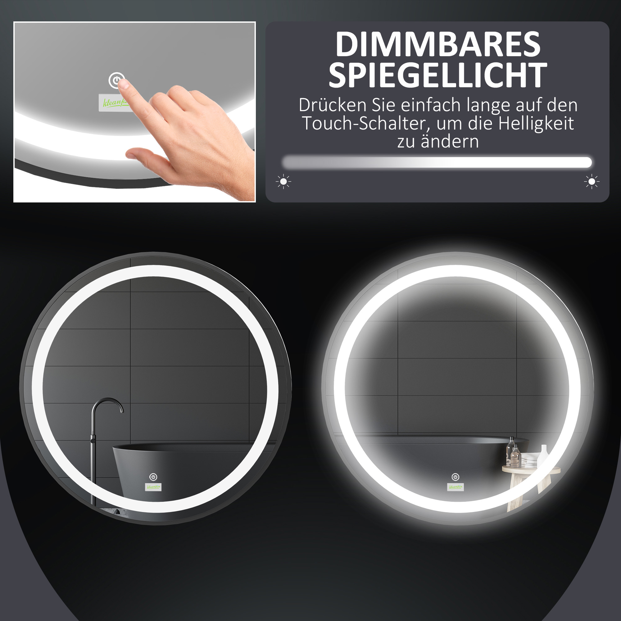 Badezimmerspiegel, LED-Beleuchtung, dimmbar, 3 Lichtfarben, Metallrahmen, Ø60 cm, Schwarz